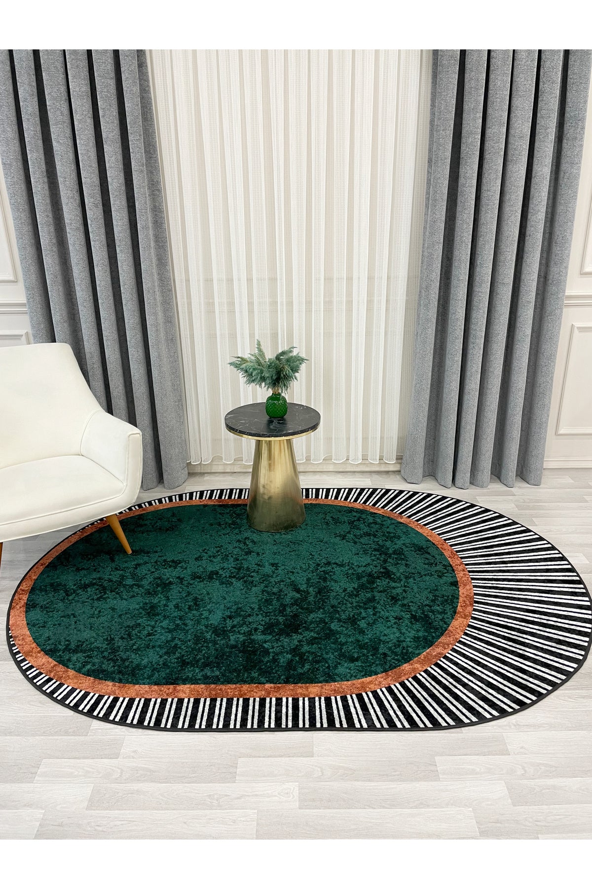 GREEN Striped Oval Non-Slip Base Rug