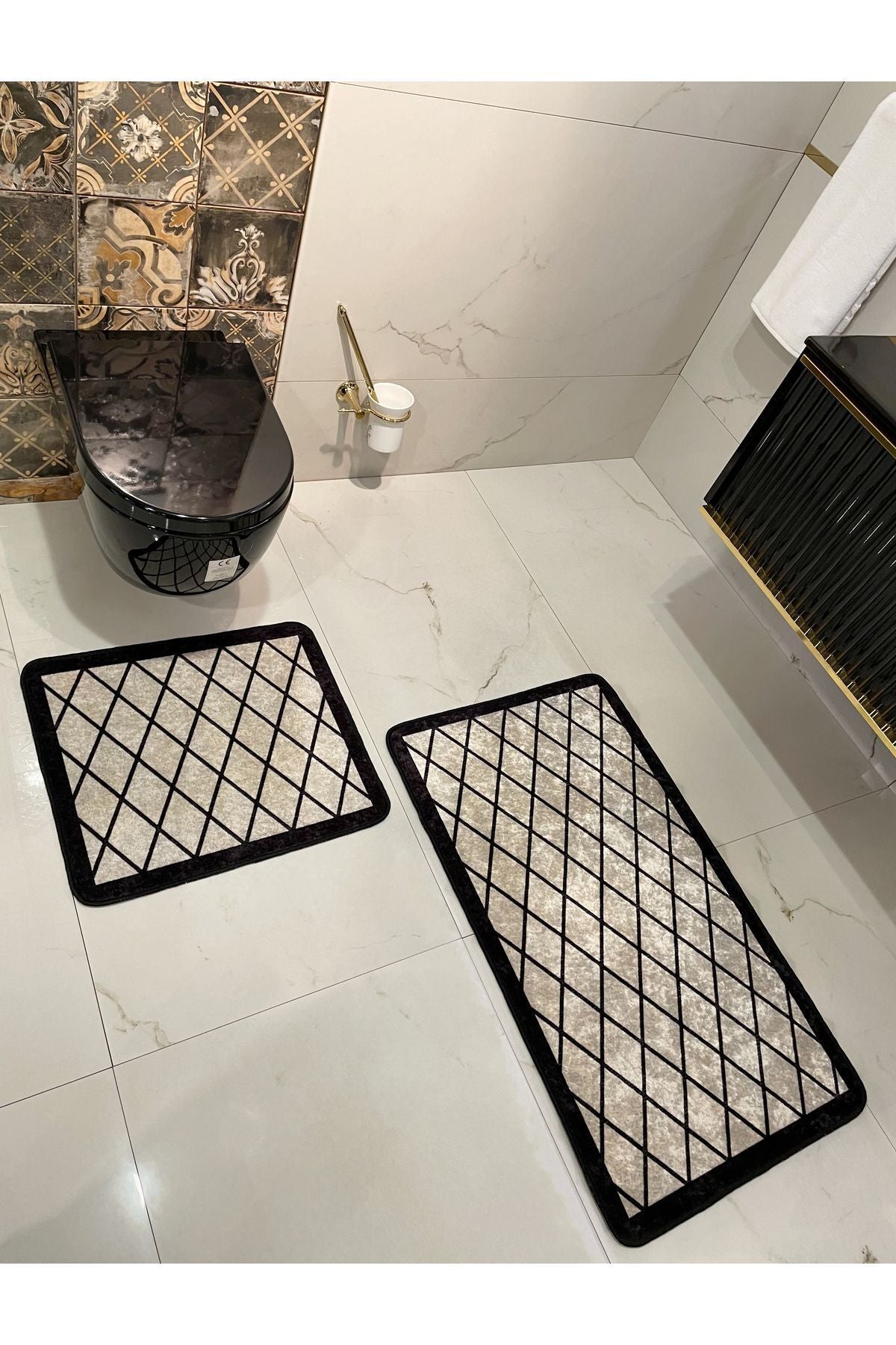 2 li Geometrik Desen 60x100 - 60x50 Lateks Taban Banyo Paspas - BEJ-SİYAH