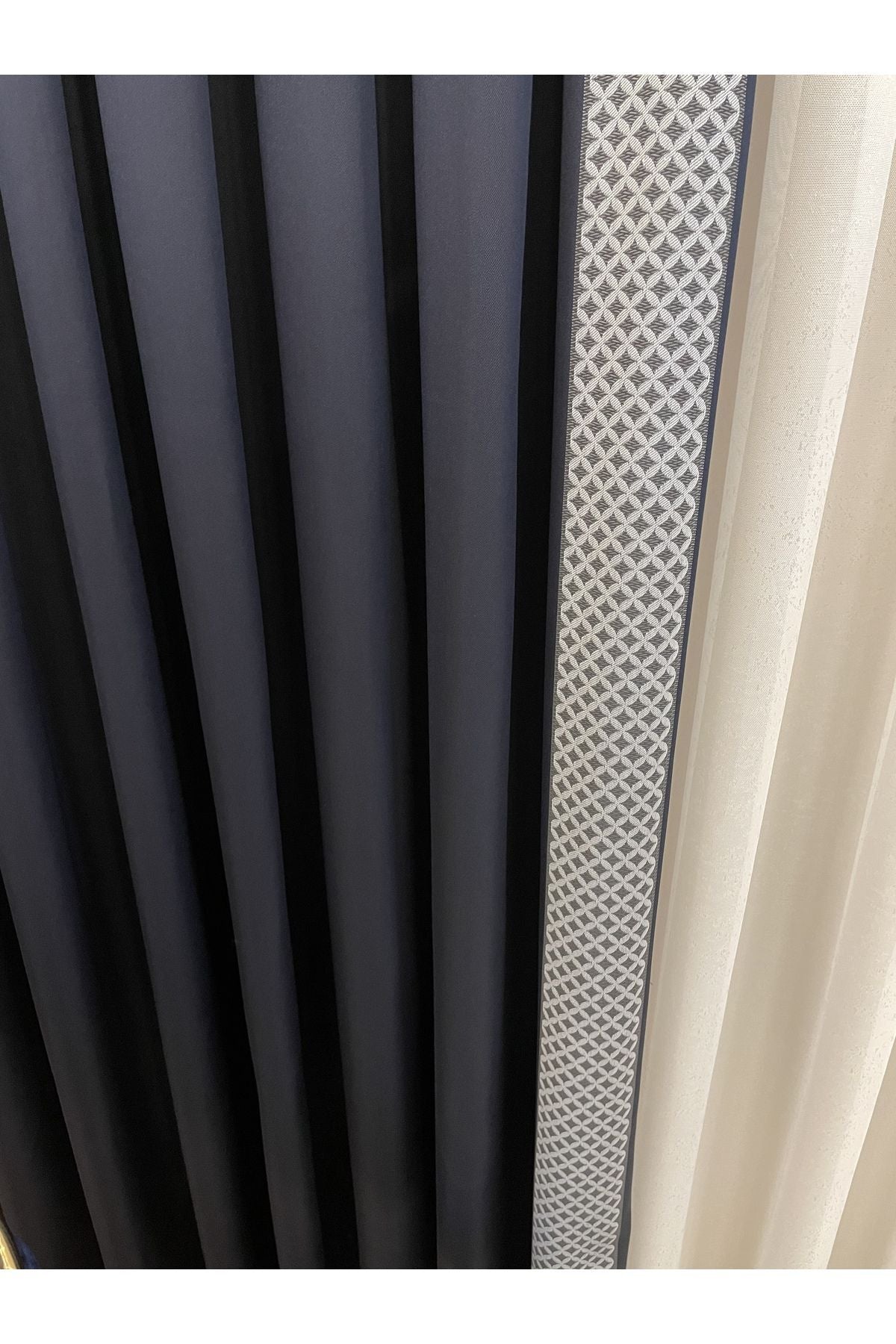 Panel Pattern Jacquard 1/3 Dense Pleat Blackout Curtain - Anthracite Gray - Gold Border