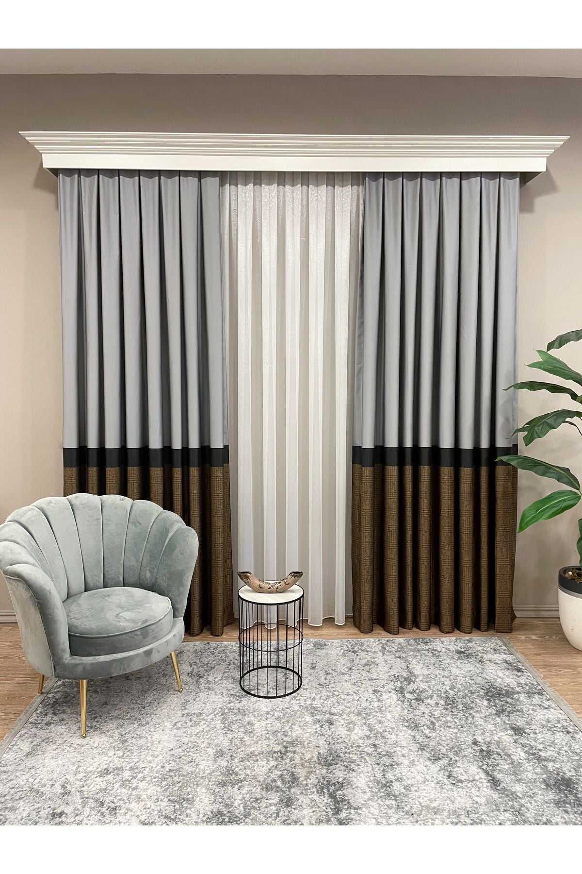 Panel Pattern Jacquard 1/3 Dense Pleat Blackout Curtain - Bottom: Mustard-Navy / Top: Gray