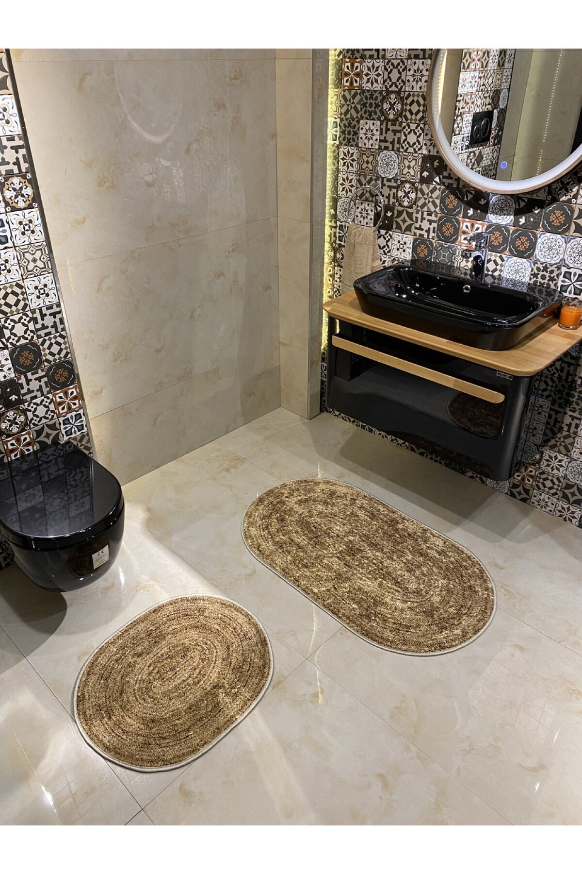 Hasır Desenli Oval 2'li Kaymaz Taban Banyo Paspas Takımı (60x100 - 60x50) Kahverengi