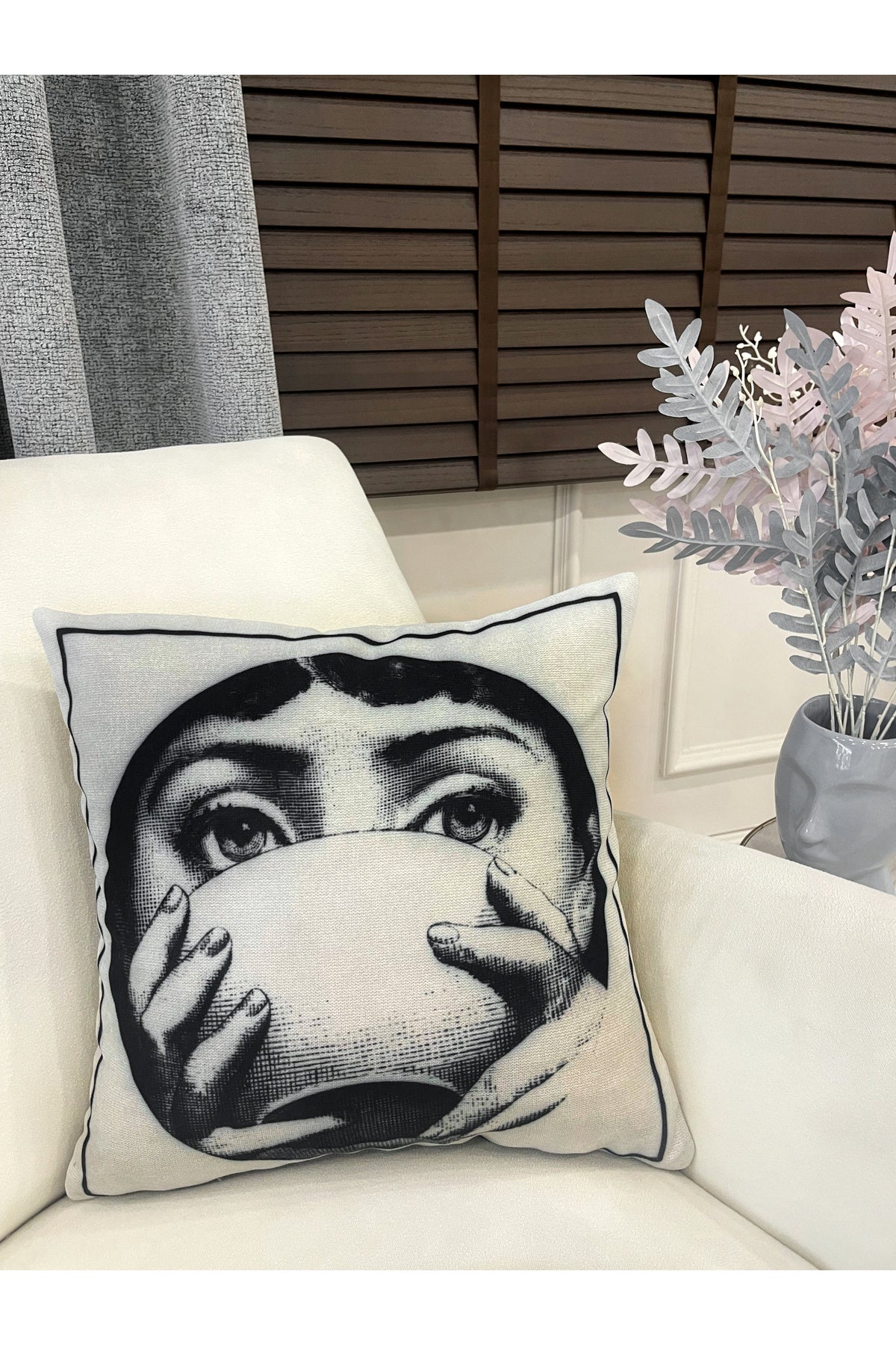 Light Gray Fornasetti Lina Cavalieri Face-Themed Throw Pillow Cover 45x45