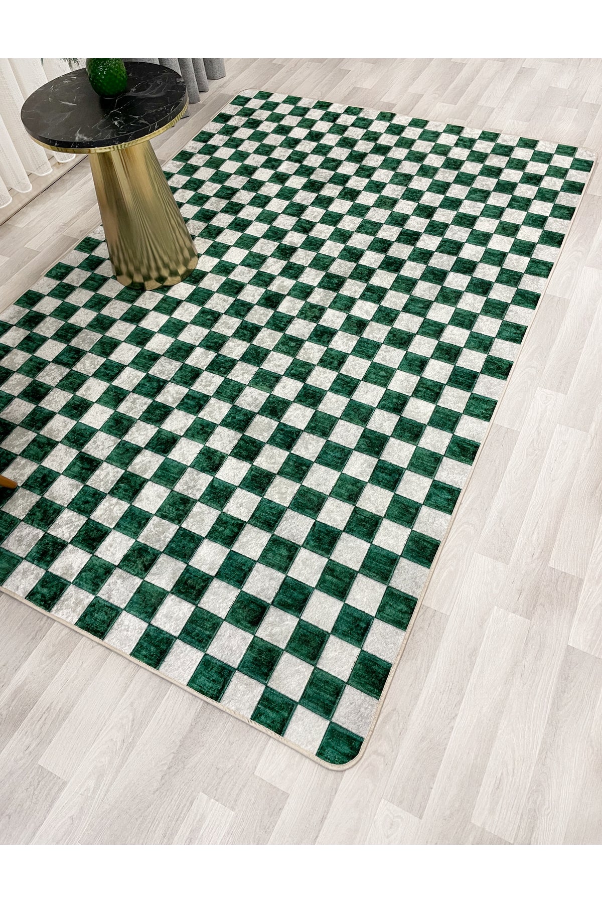 Beige Green Checkered Non-Slip Base Rug