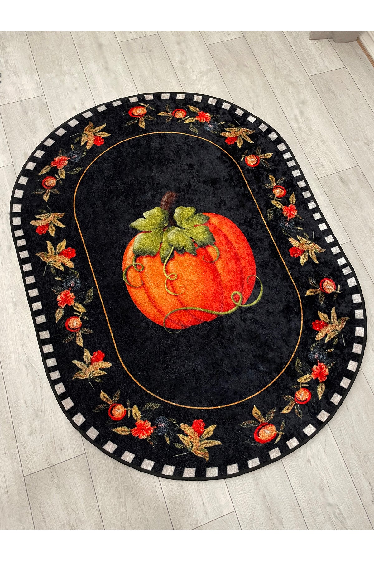 Pumpkin Pattern Bordered Oval Kitchen Rug
