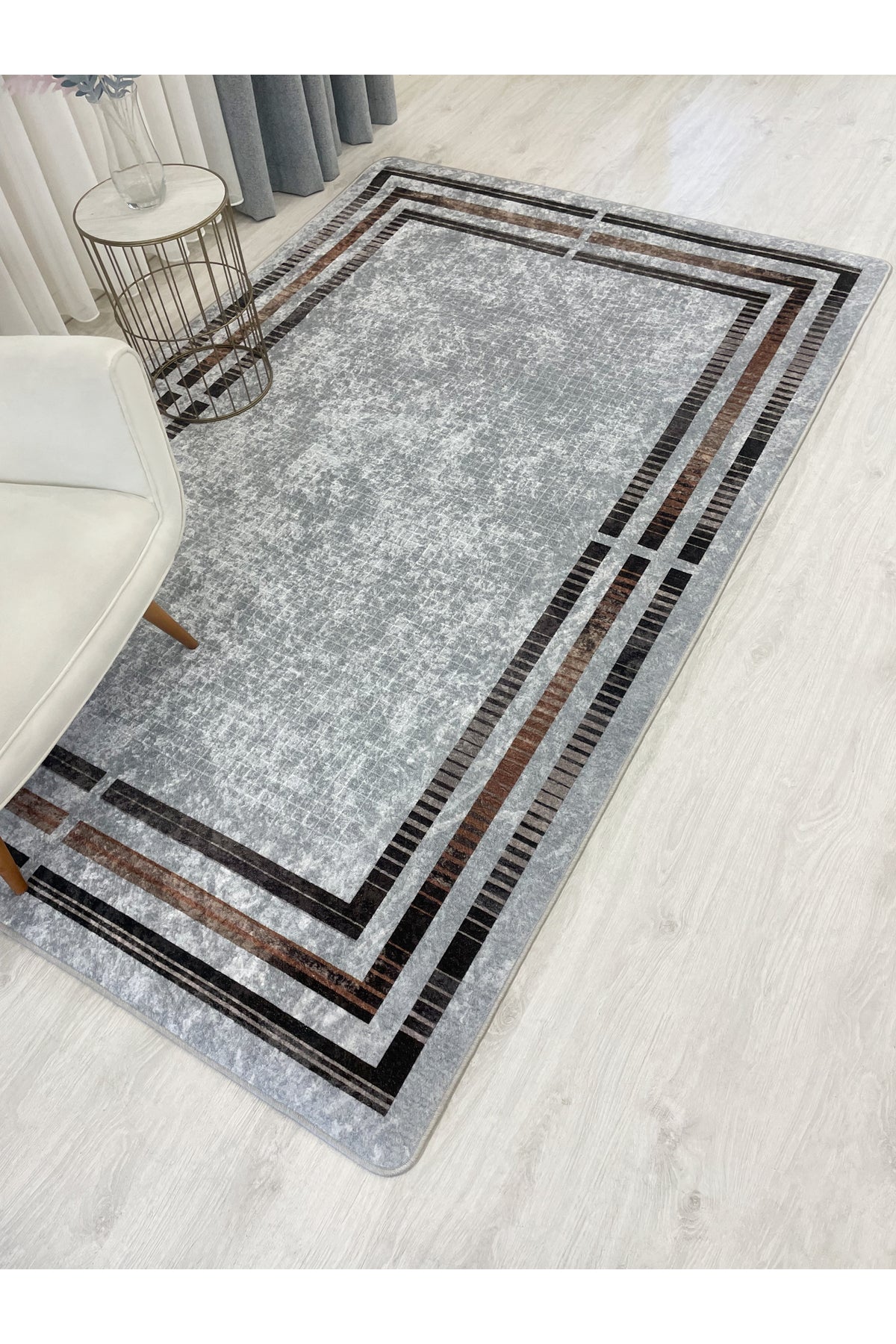 BEIGE Striped Bordered Non-Slip Base Framed Rug