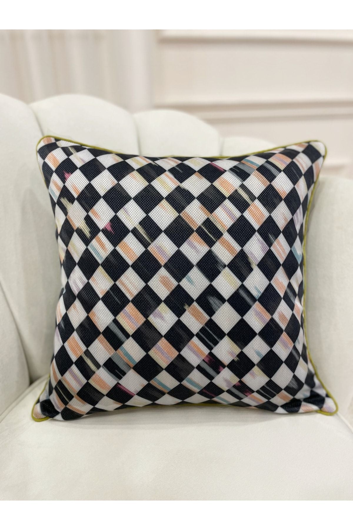 Checkered Linen-Look Piped Edge Cushion Cover (45x45)