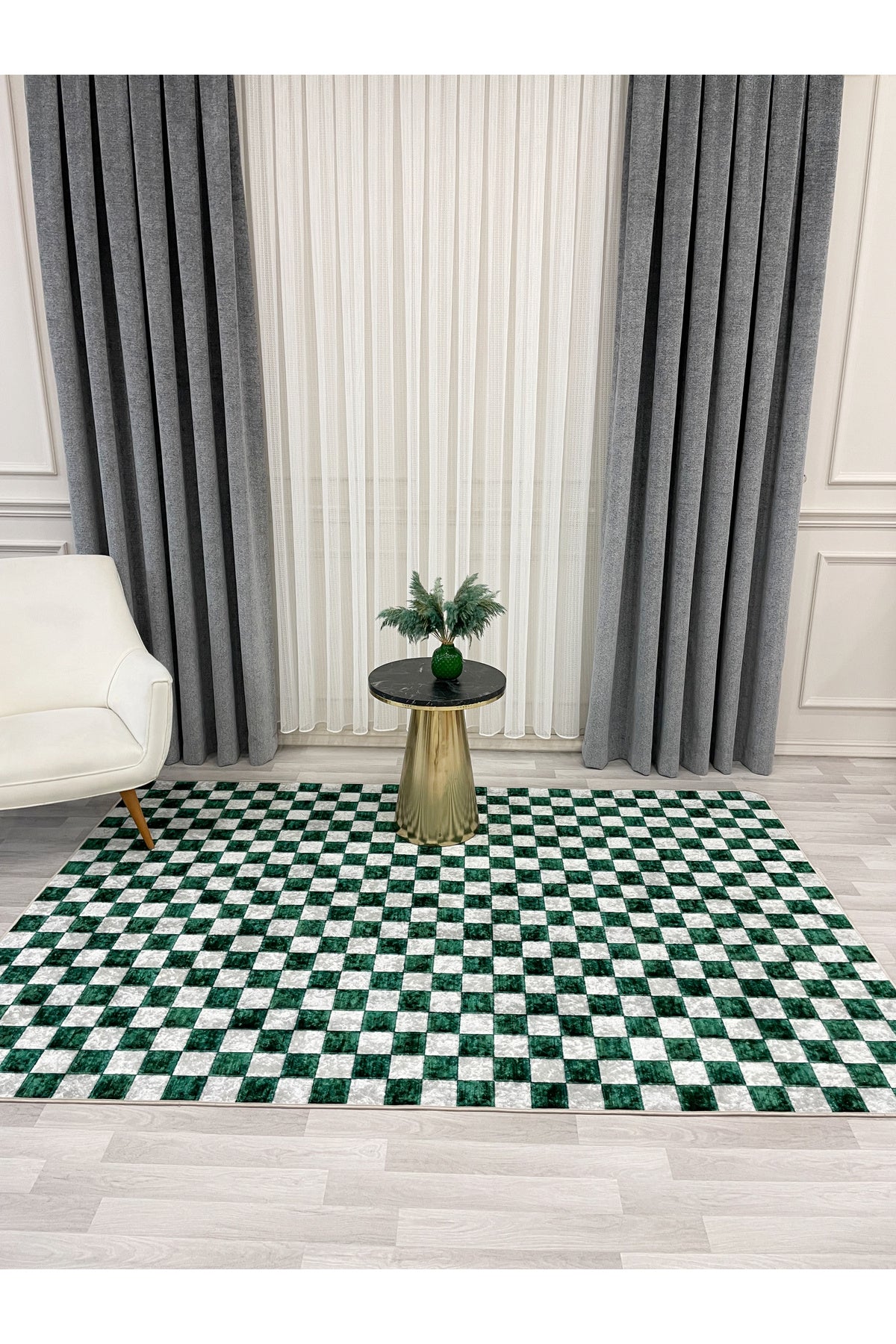 Beige Green Checkered Non-Slip Base Rug