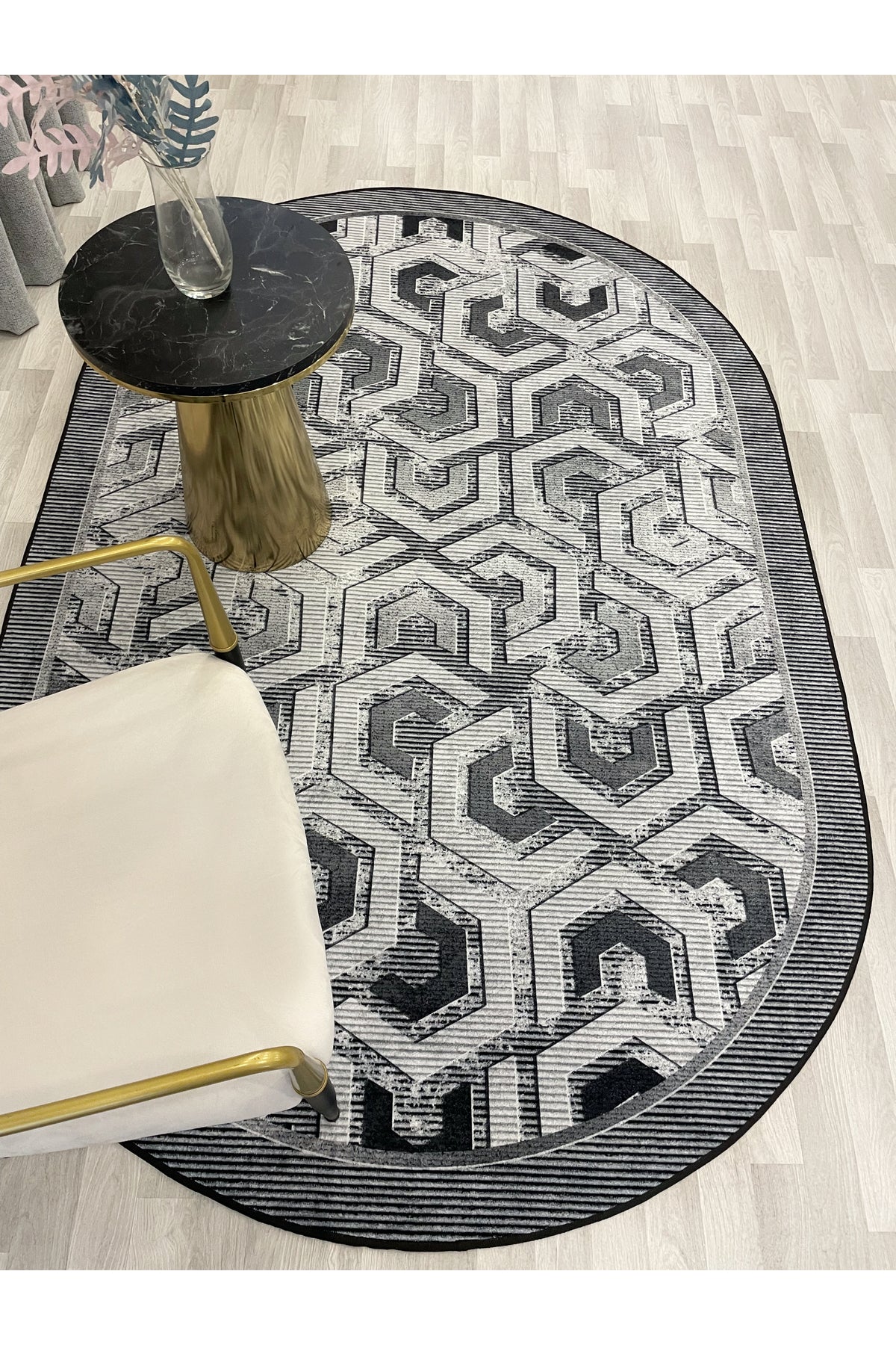 Gray Embossed-Look OVAL Latex Leather Base Rug