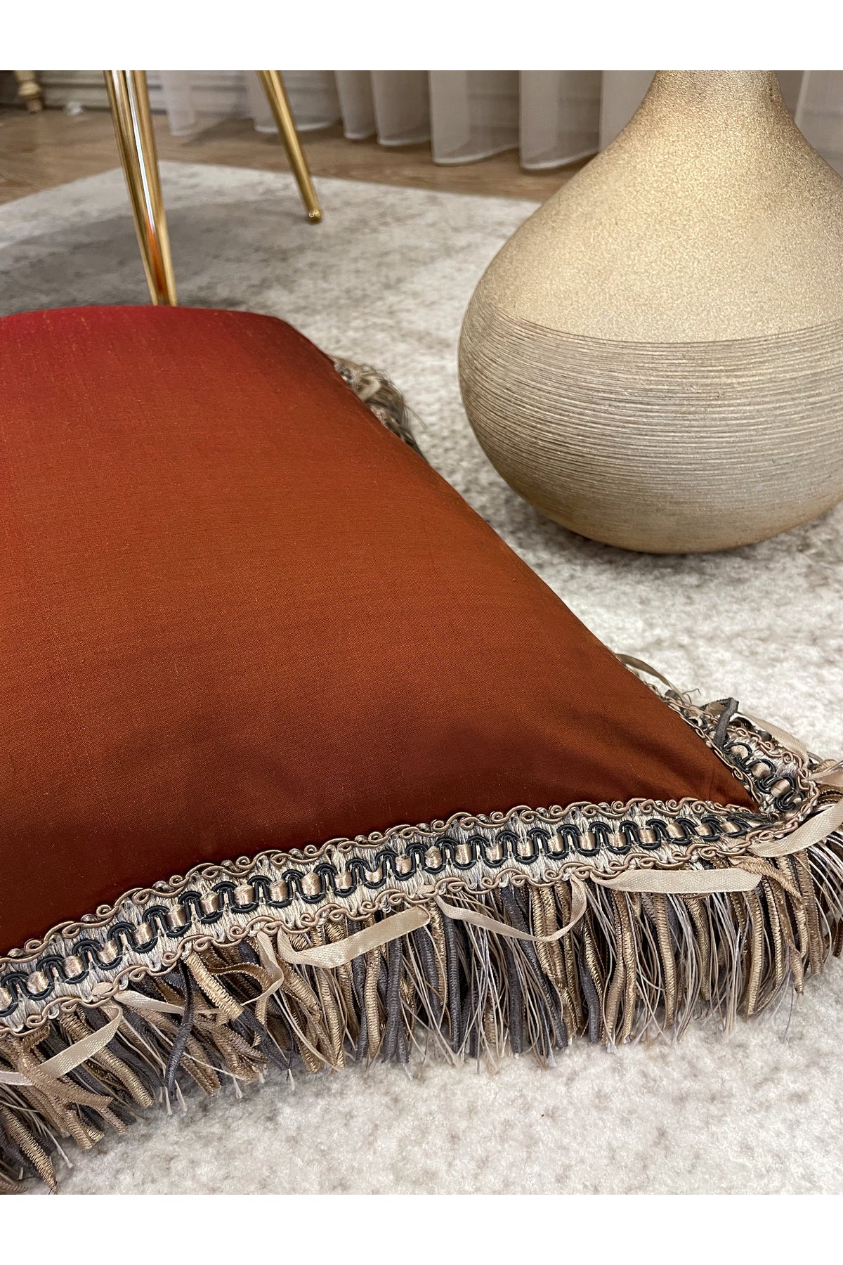 İthal Ipek (silk) Kırlent Yastık Kılıfı Kordonlu 45X45 TURUNCU