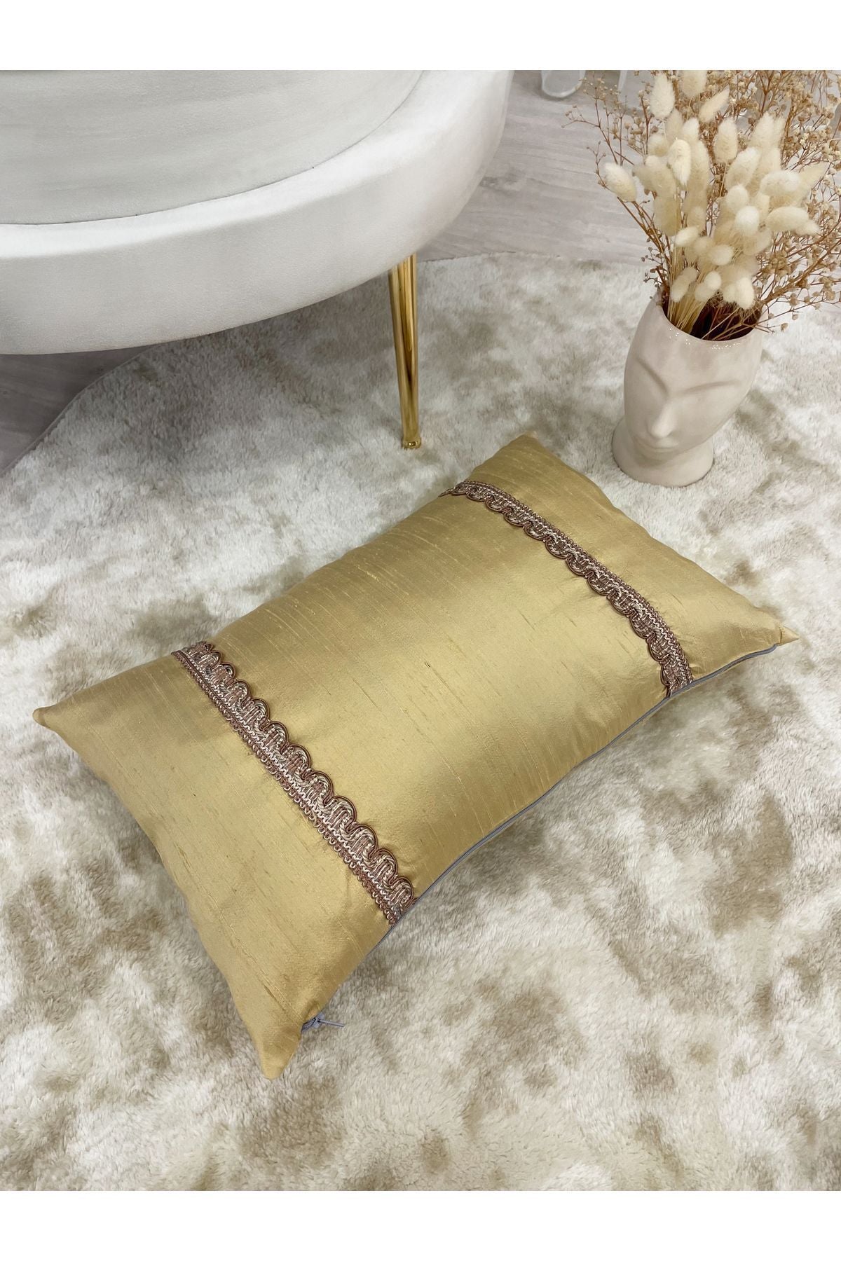 Imported Silk Cushion Pillow Cover with Cord (30x50) (Gold Color)