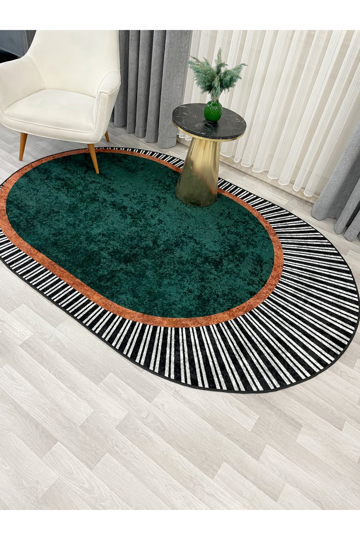 GREEN Striped Oval Non-Slip Base Rug