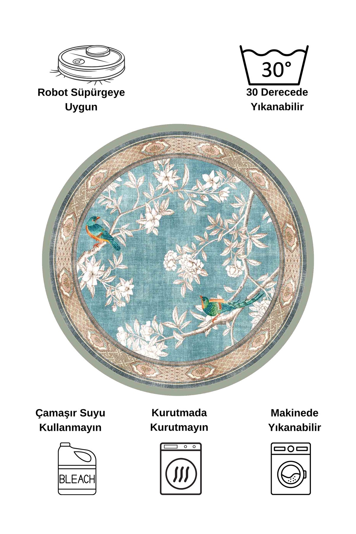 Soft Blue Bird Pattern Bordered Non-Slip Rug