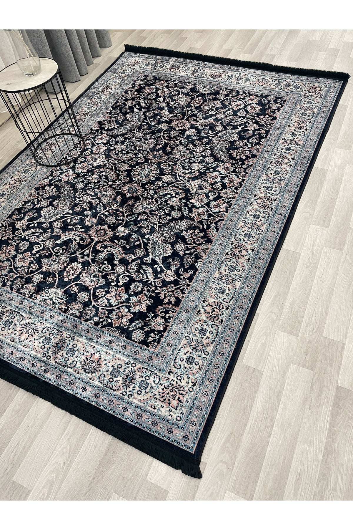 NAVY BLUE Traditional Motif FRINGED Classic Non-Slip Base Rug