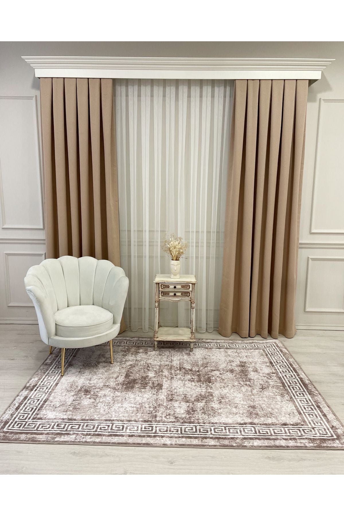 Beige-Mink Bordered Pattern Latex Leather Base Rug