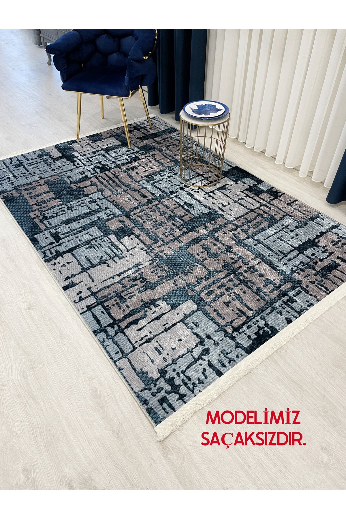 Beige-Blue Abstract Textured Look Latex Leather Base Rug