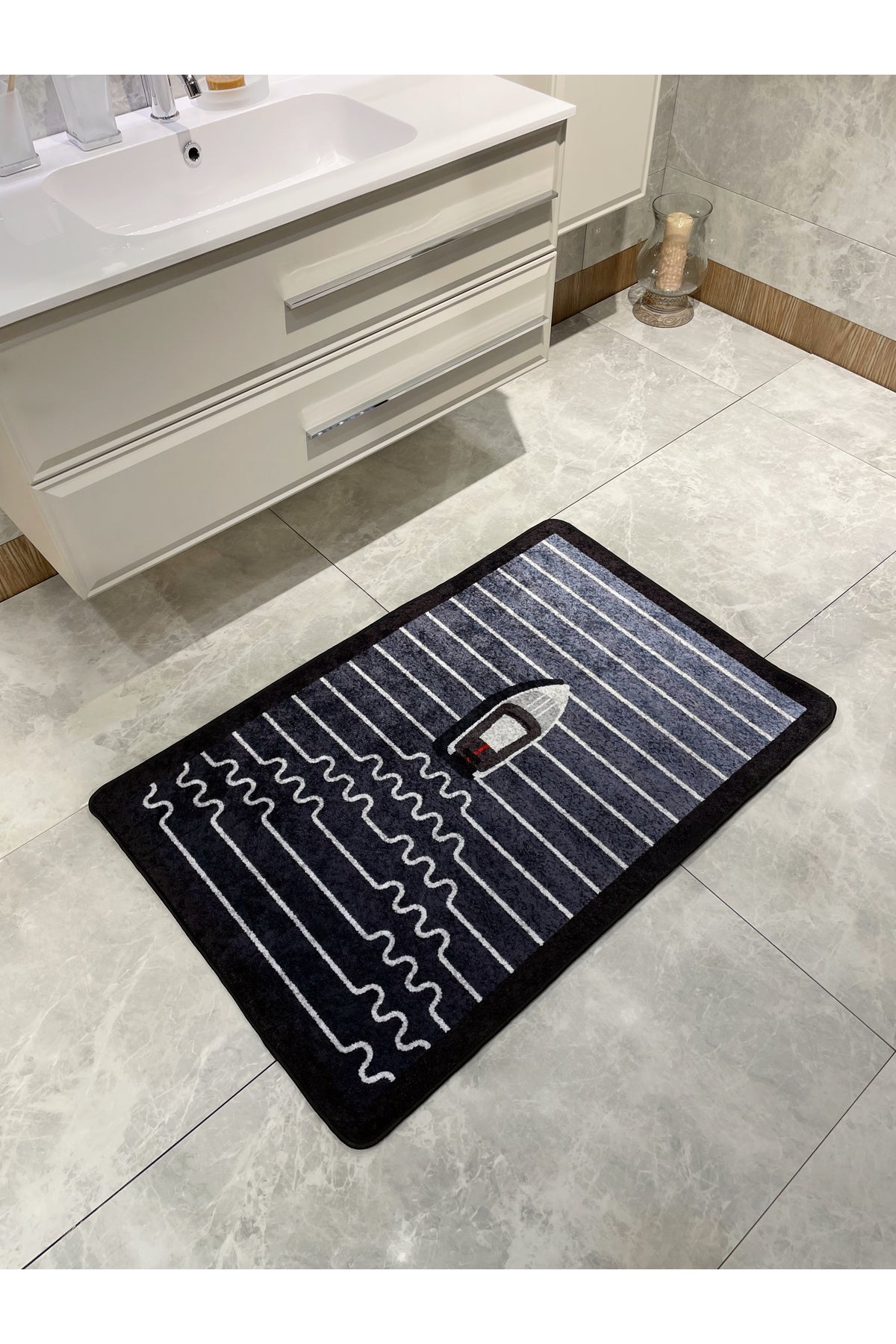 Boat Pattern Striped 2-Piece Leather Base Bathroom Mat Set (70x110 - 70x50)