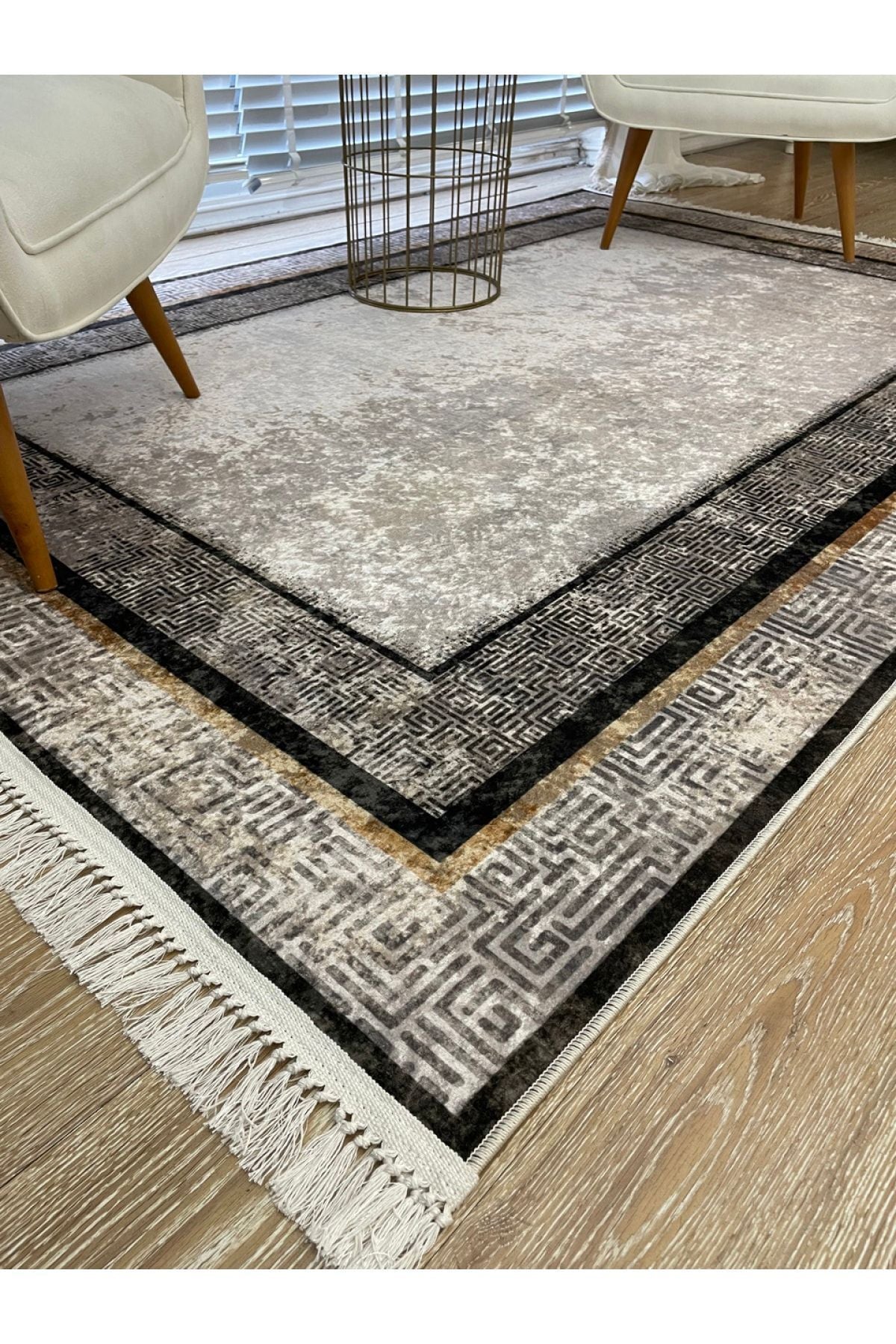 Vilmar Modern Striped Latex Leather Base Fringed Rug - Beige