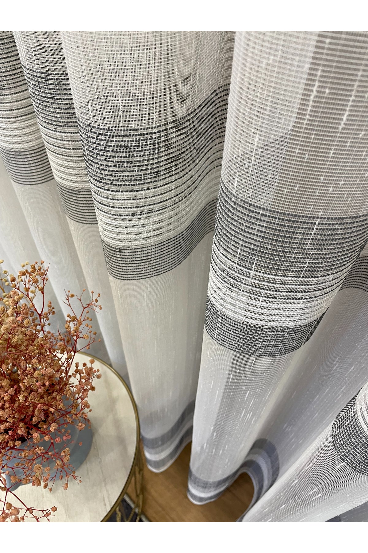 Modern Shantung 3-Row Banded 1/2.5 Pleat - Ecru/Gray Sheer Curtain