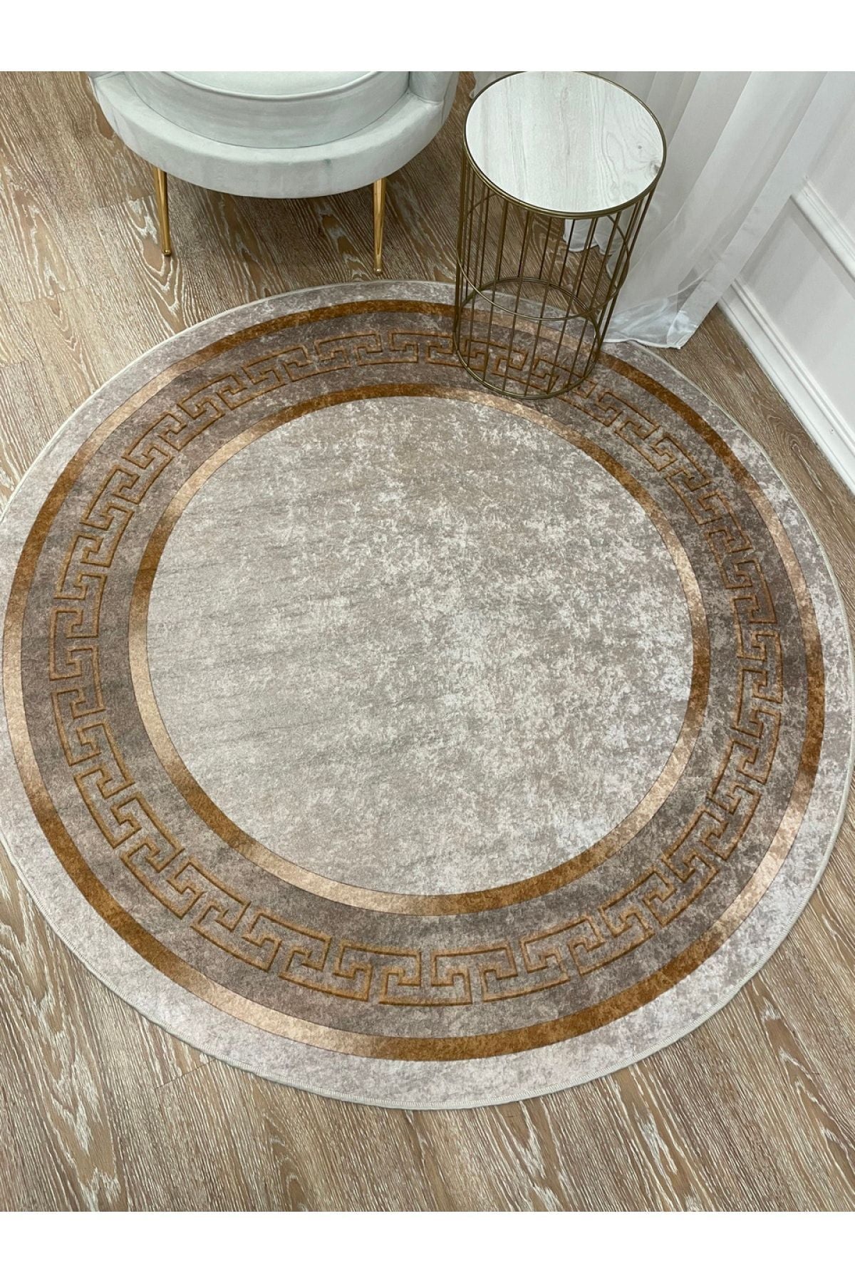 Classic Striped Pattern Round Latex Leather Base Fringeless Living Room Rug - Golden Brown