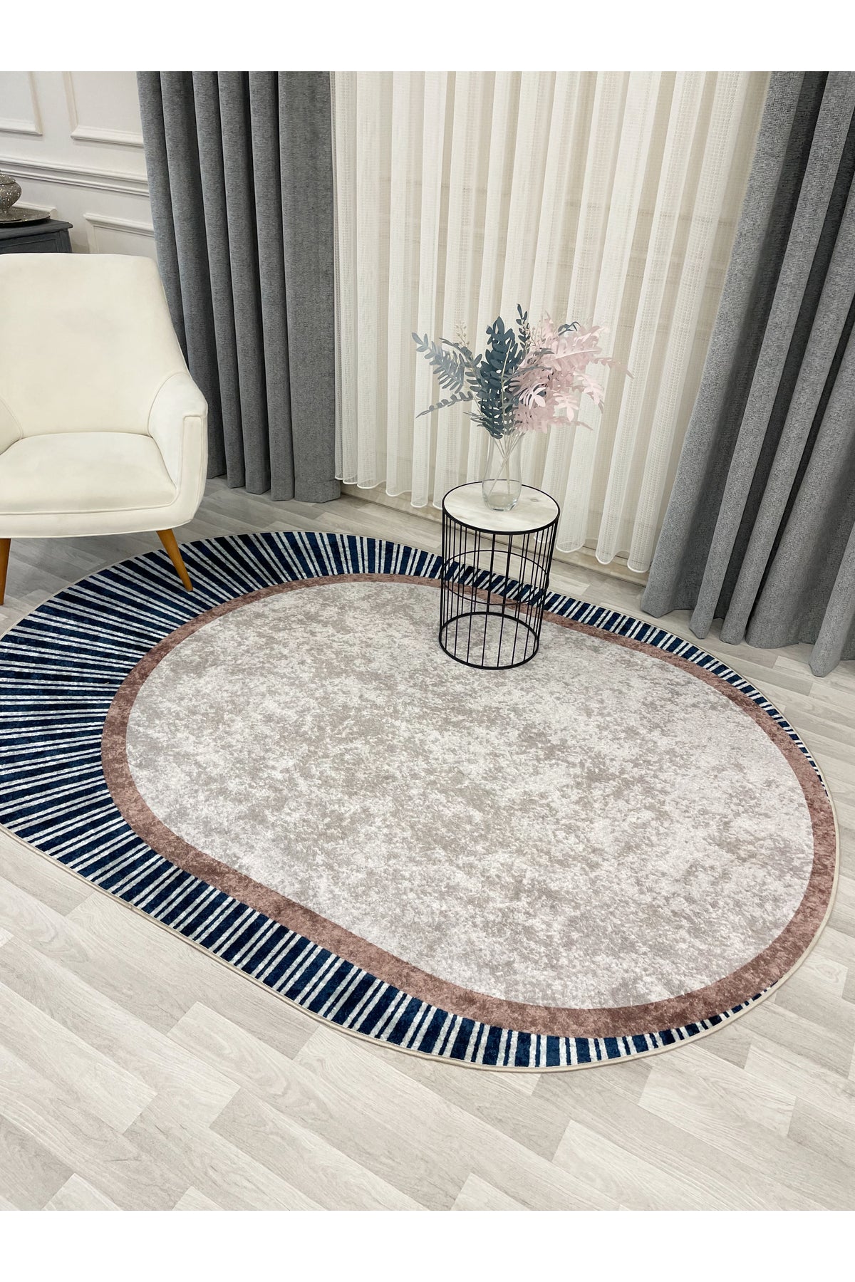 GREEN Striped Oval Non-Slip Base Rug