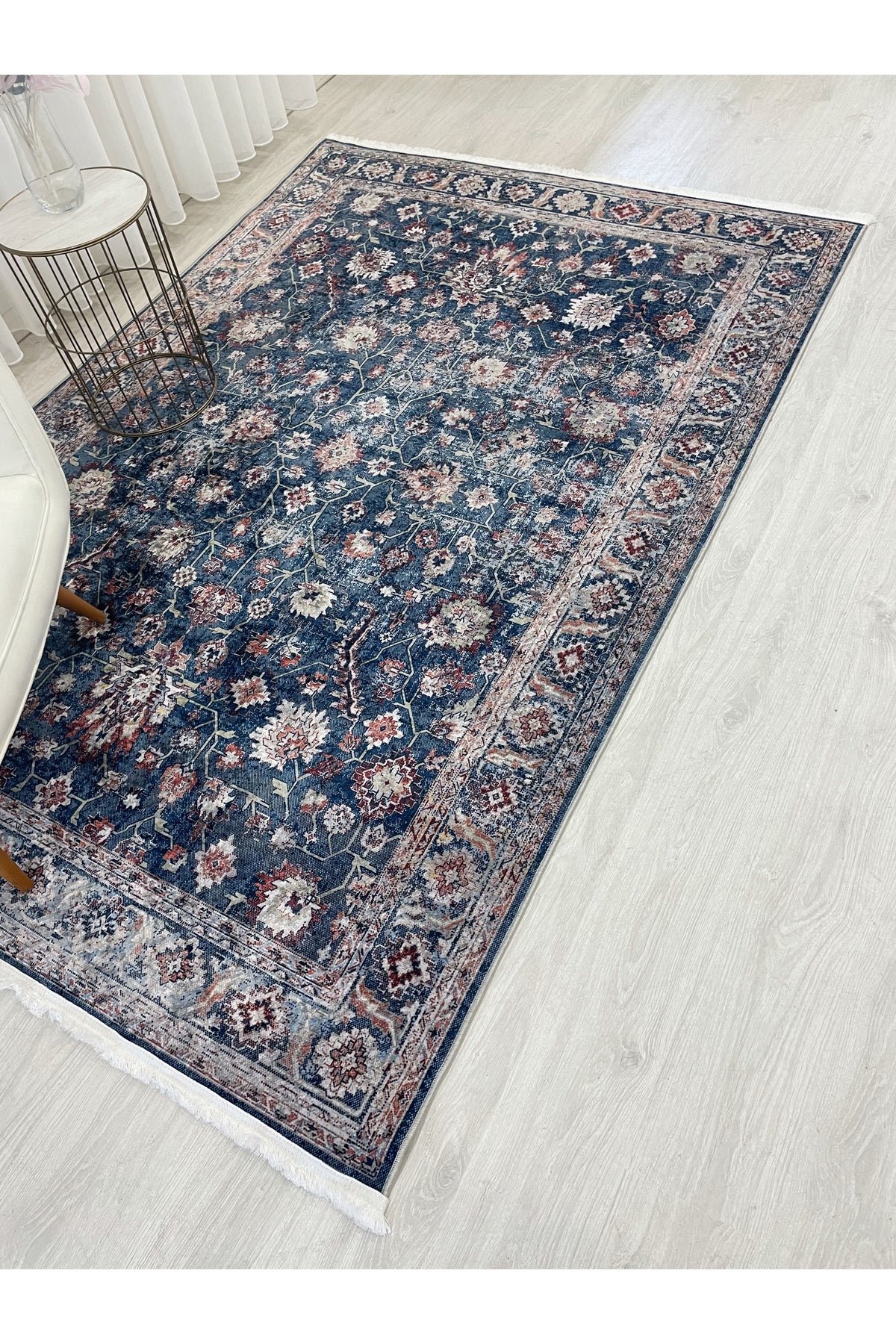 Navy Blue Distressed Look Latex Non-Slip Base Rug