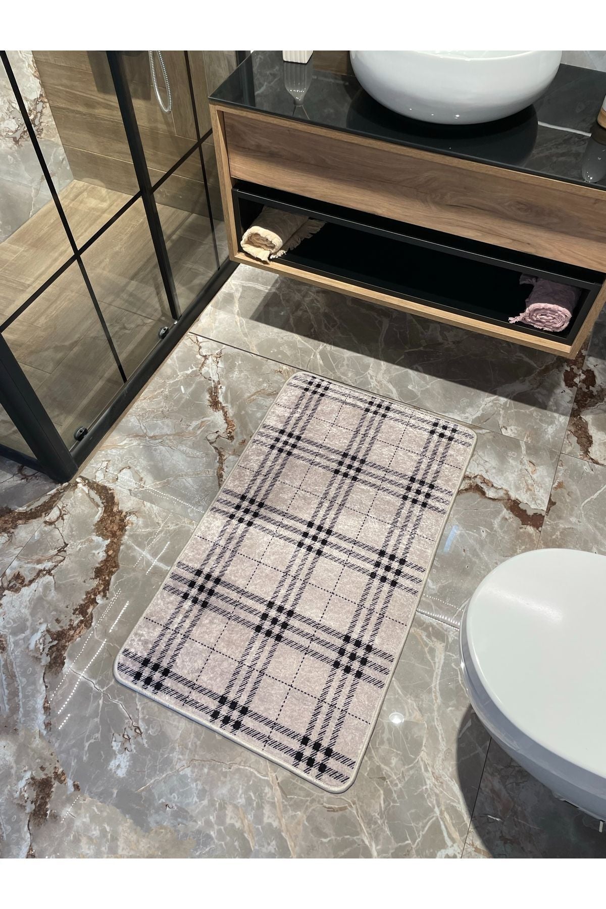 Single Checkered Pattern Bathroom Mat - Beige (60X100 Size)