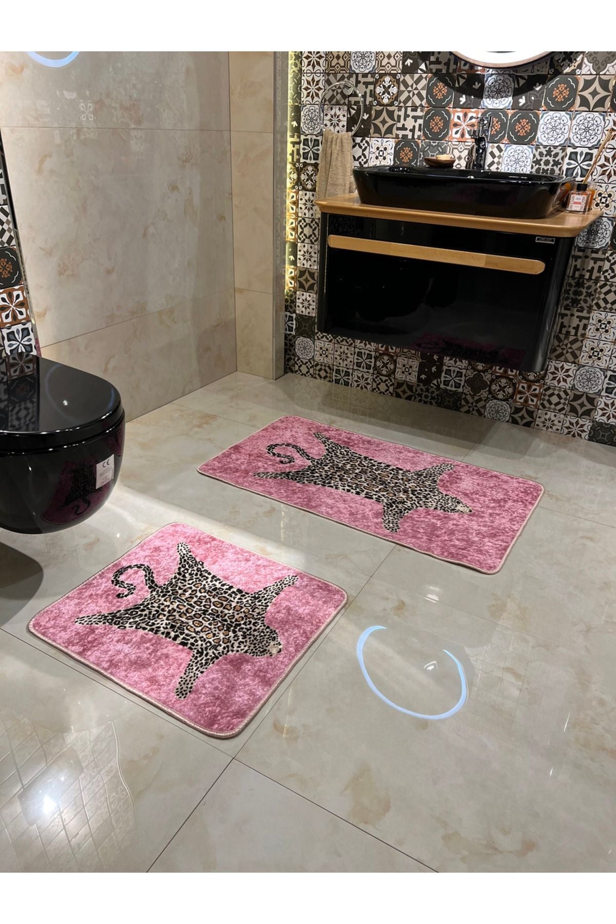 Set of 2 Leopard Print 60x100 - 60x50 Bathroom Rugs - Fuchsia