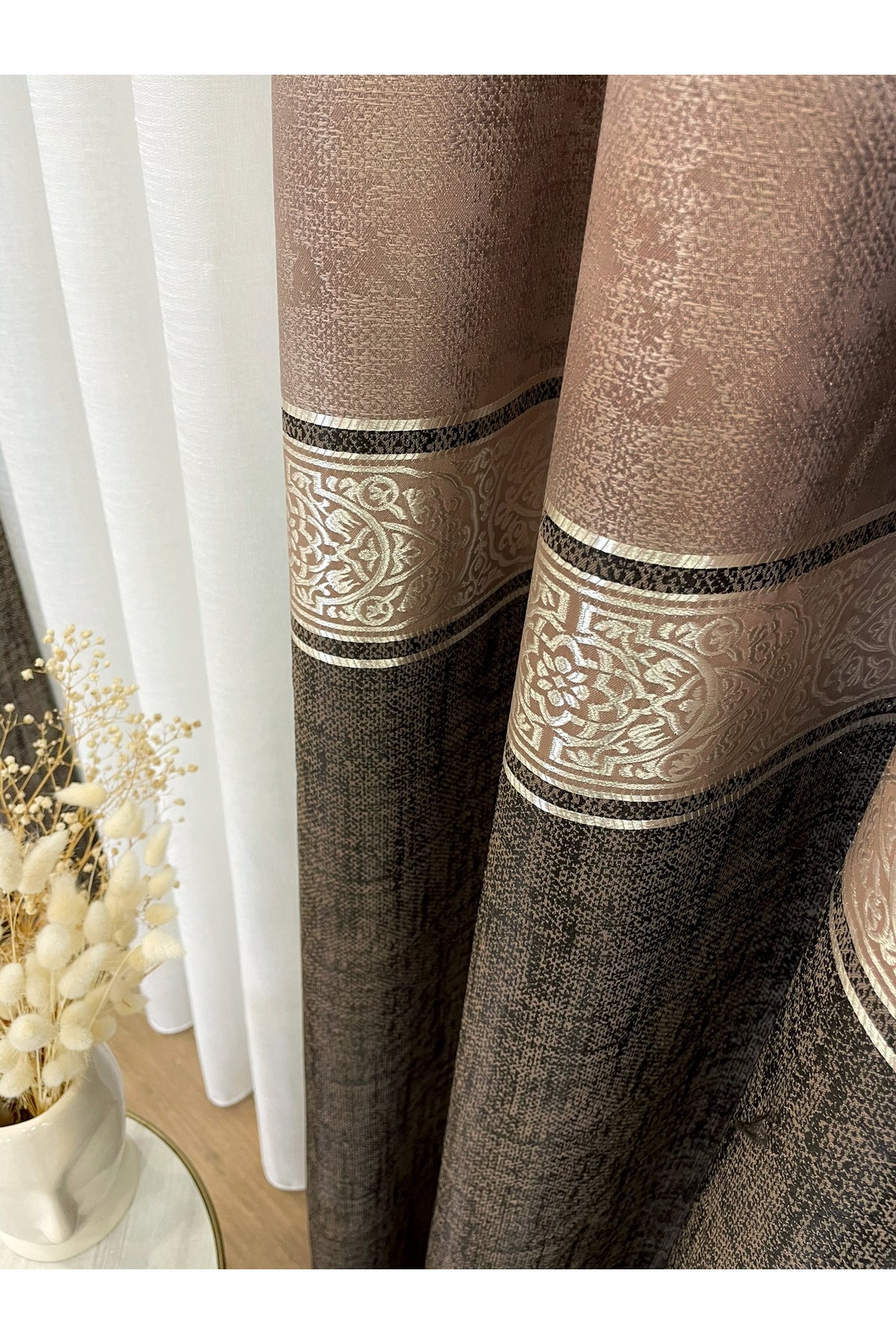 Brown 1/3 Dense Pleated Bordered Pattern Soft-Textured Jacquard Blackout Curtain