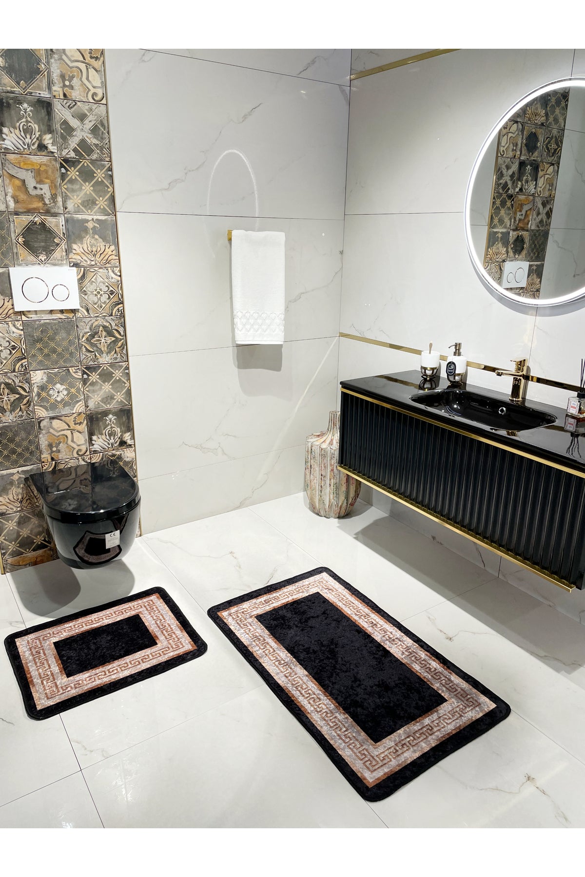 Bordered Patterned 2-Piece Latex Leather-Backed Bathroom Mat Set (60X100 - 60X50) Black