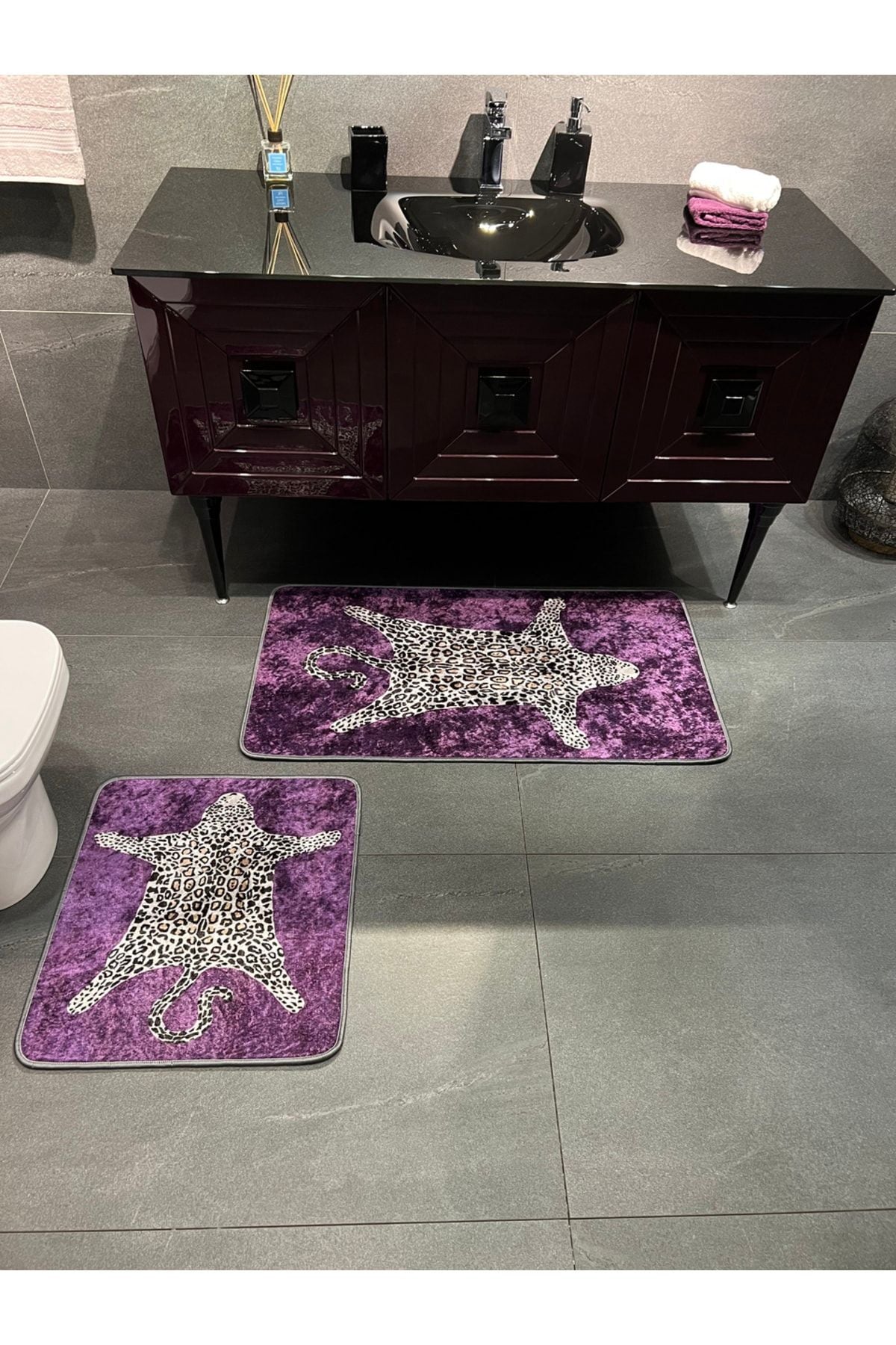 Set of 2 Leopard Print 60x100 - 60x50 Bathroom Rugs - Fuchsia