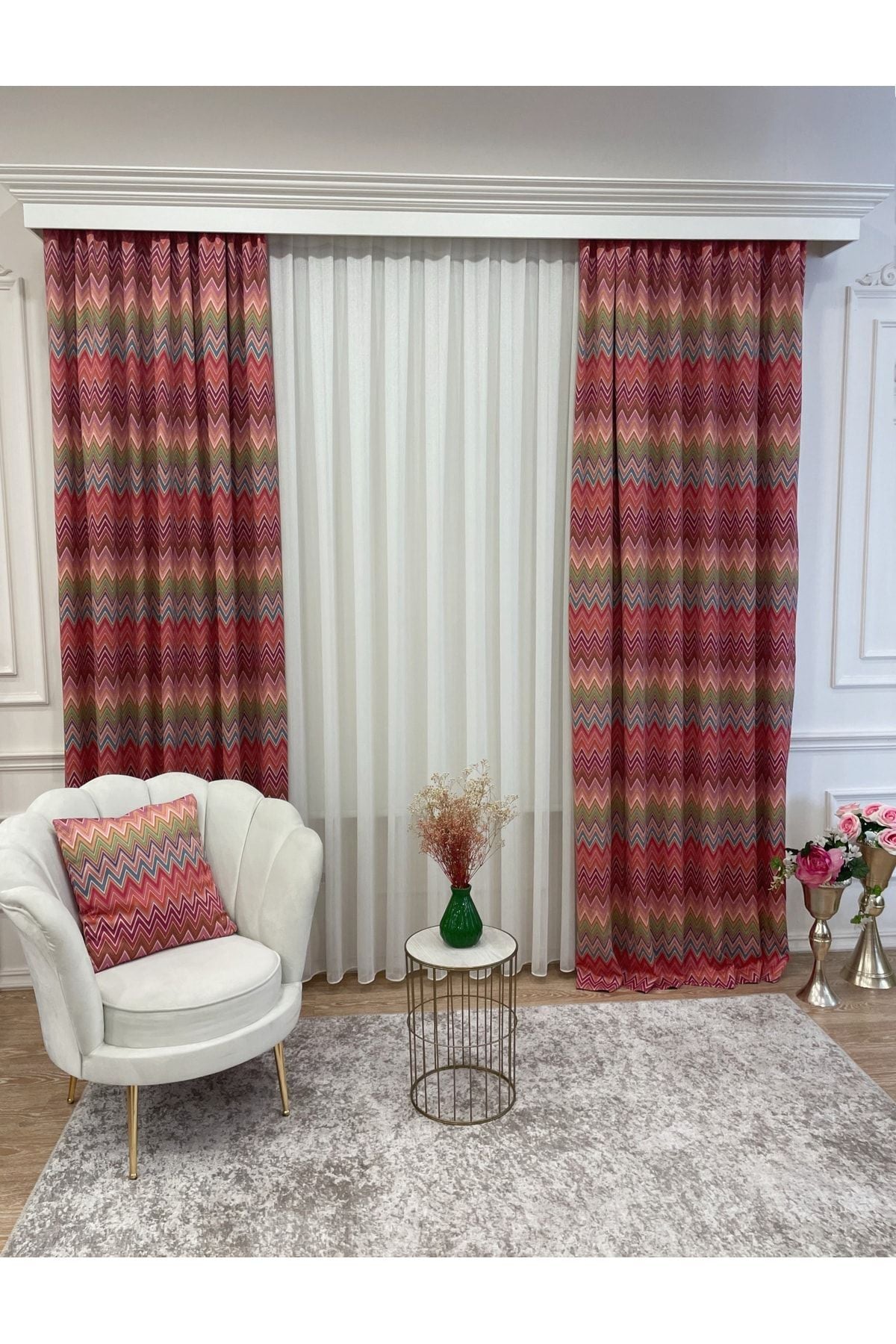Zigzag Patterned No-Pleat Flat Stitch Extra-Tape Blackout Curtain