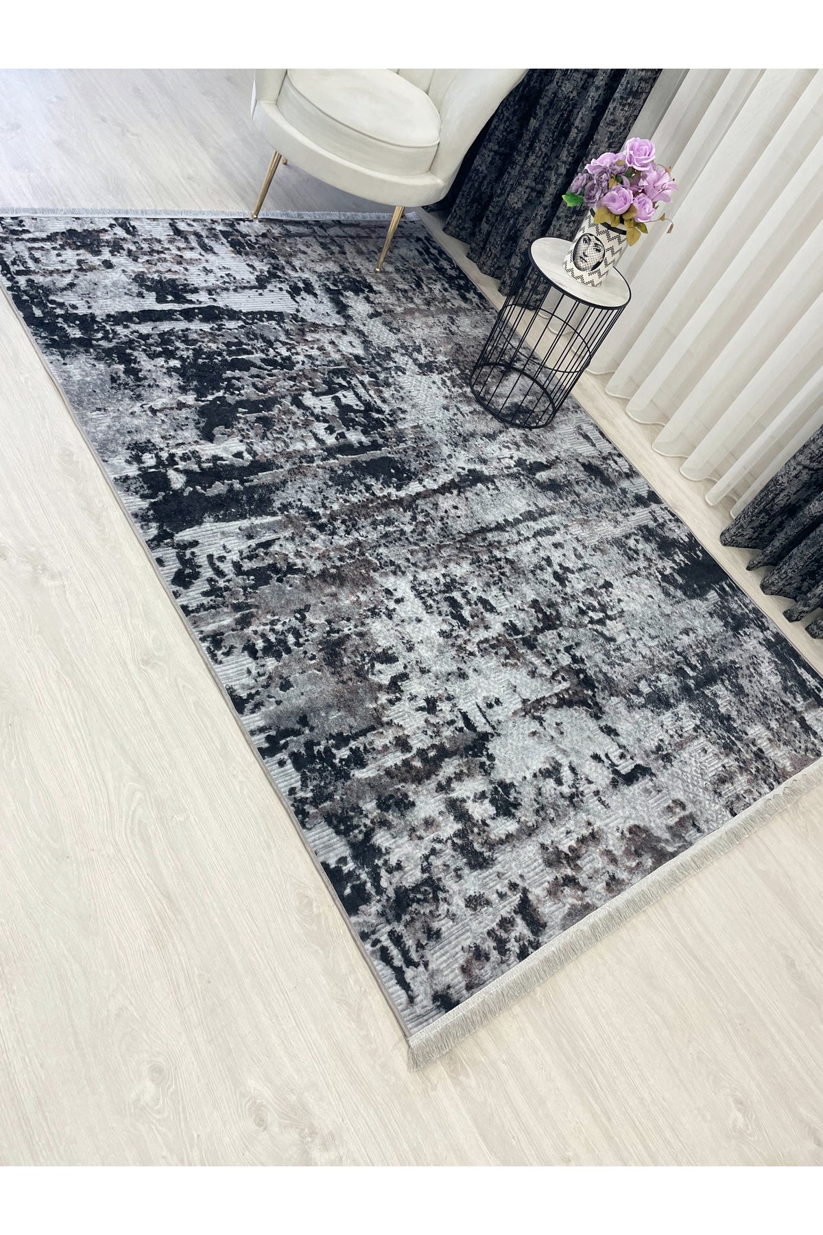 Abstract Pattern Fringed Latex Leather-Backed Rug