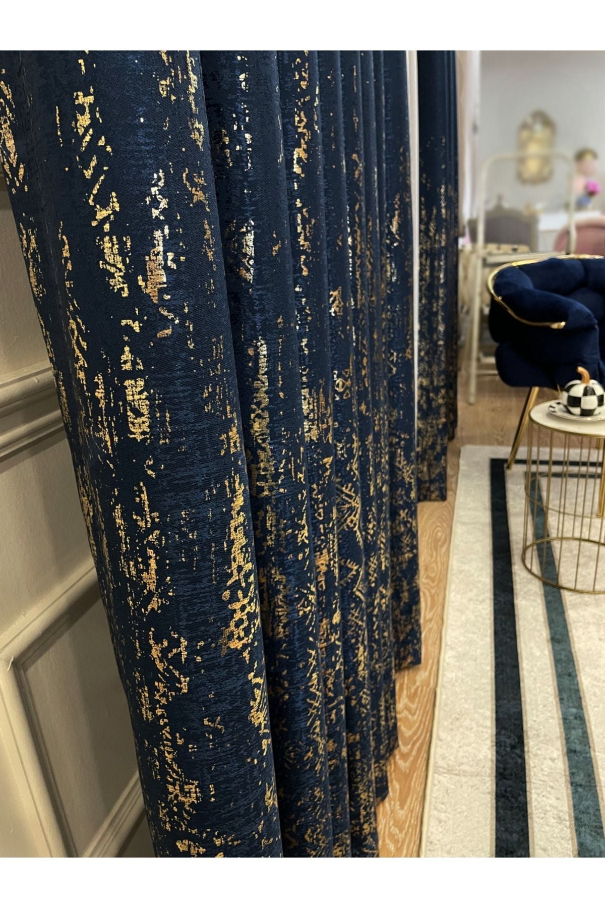 Jacquard Ground Foil Print 1/3 Dense Pleat Blackout Curtain - Beige - Gold Foil