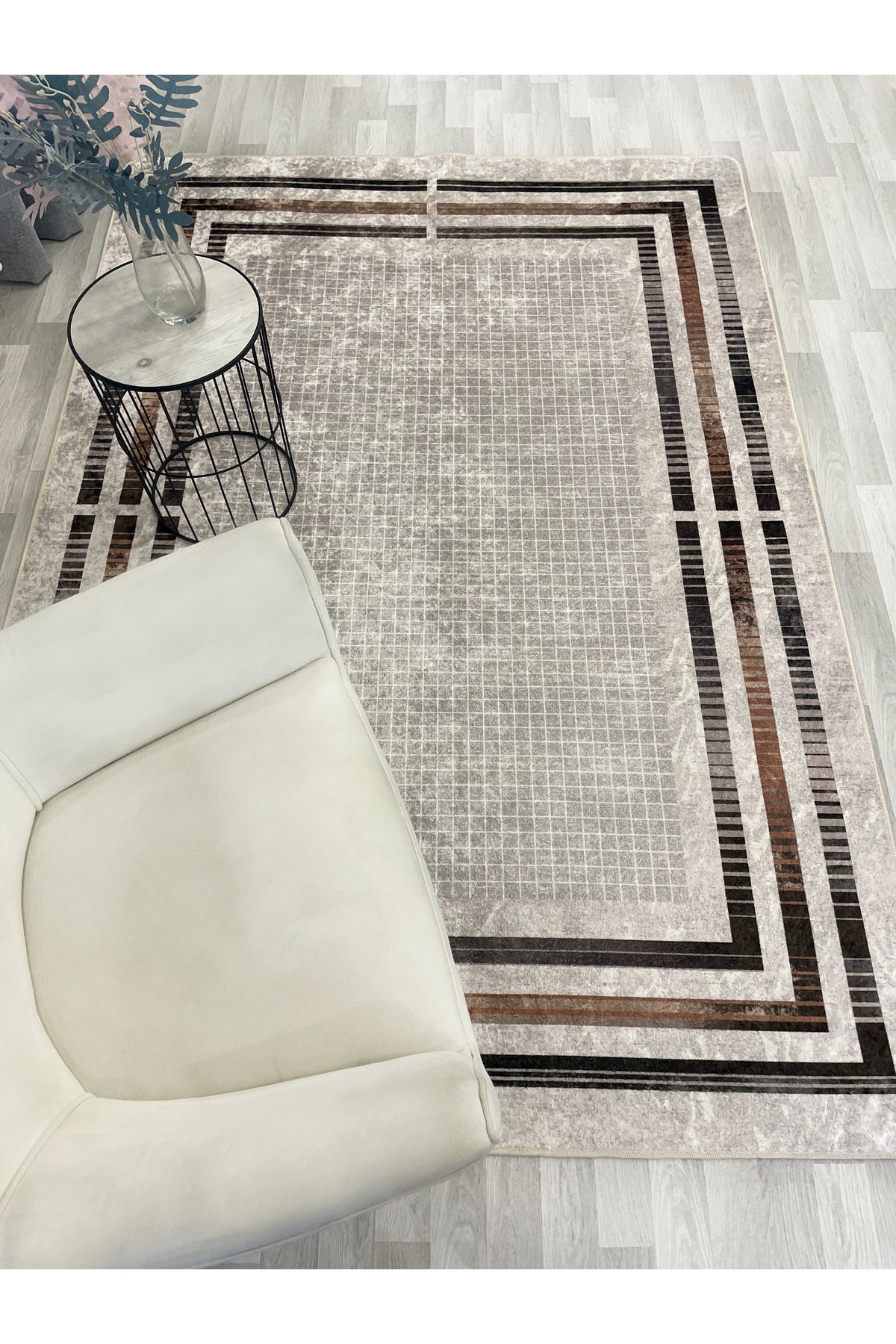 BEIGE Striped Bordered Non-Slip Base Framed Rug