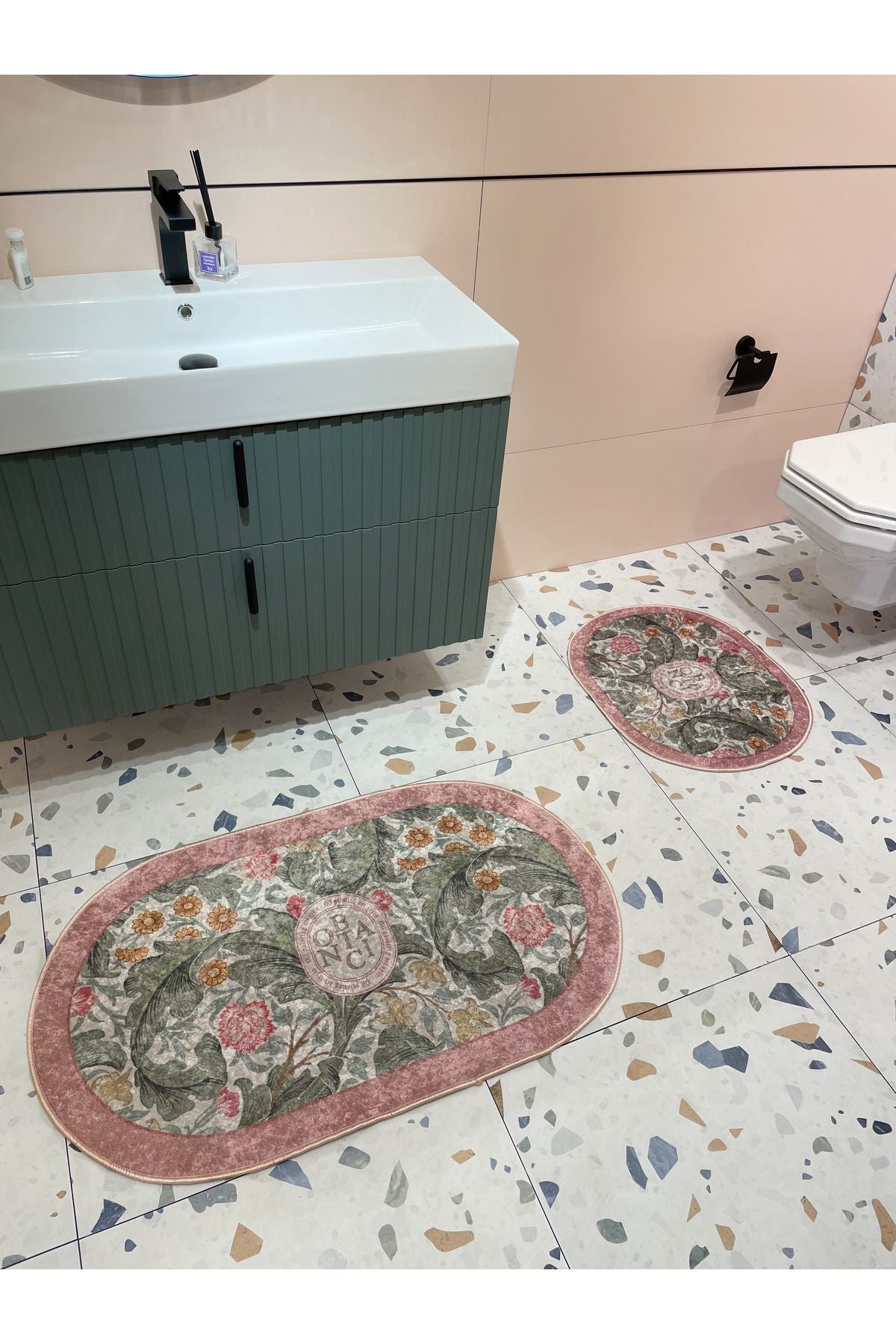 2 li Çiçek Desenli 60x100 - 60x50 Botanic Lateks Taban Banyo Paspas