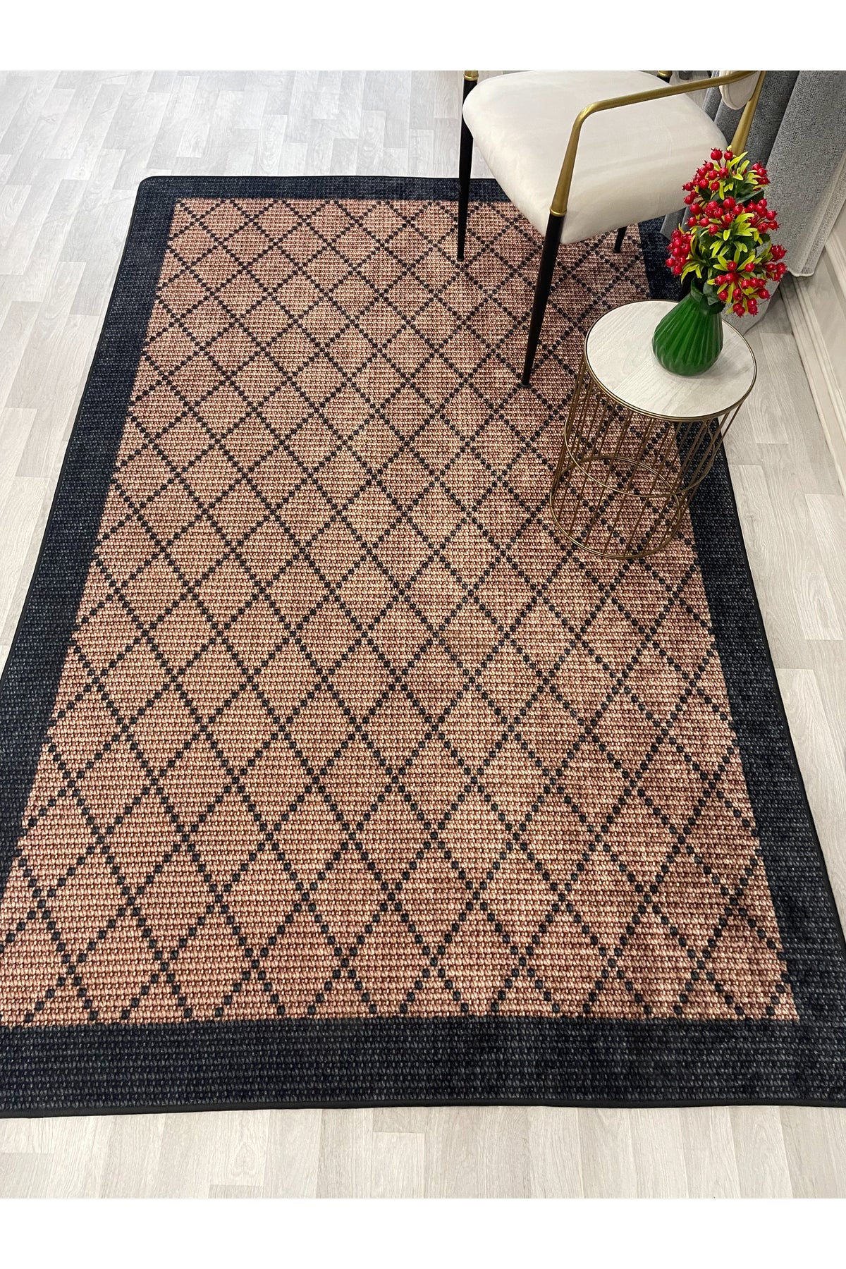 GREEN-BROWN Jute Sisal Look Bordered Non-Slip Base Runner Rug