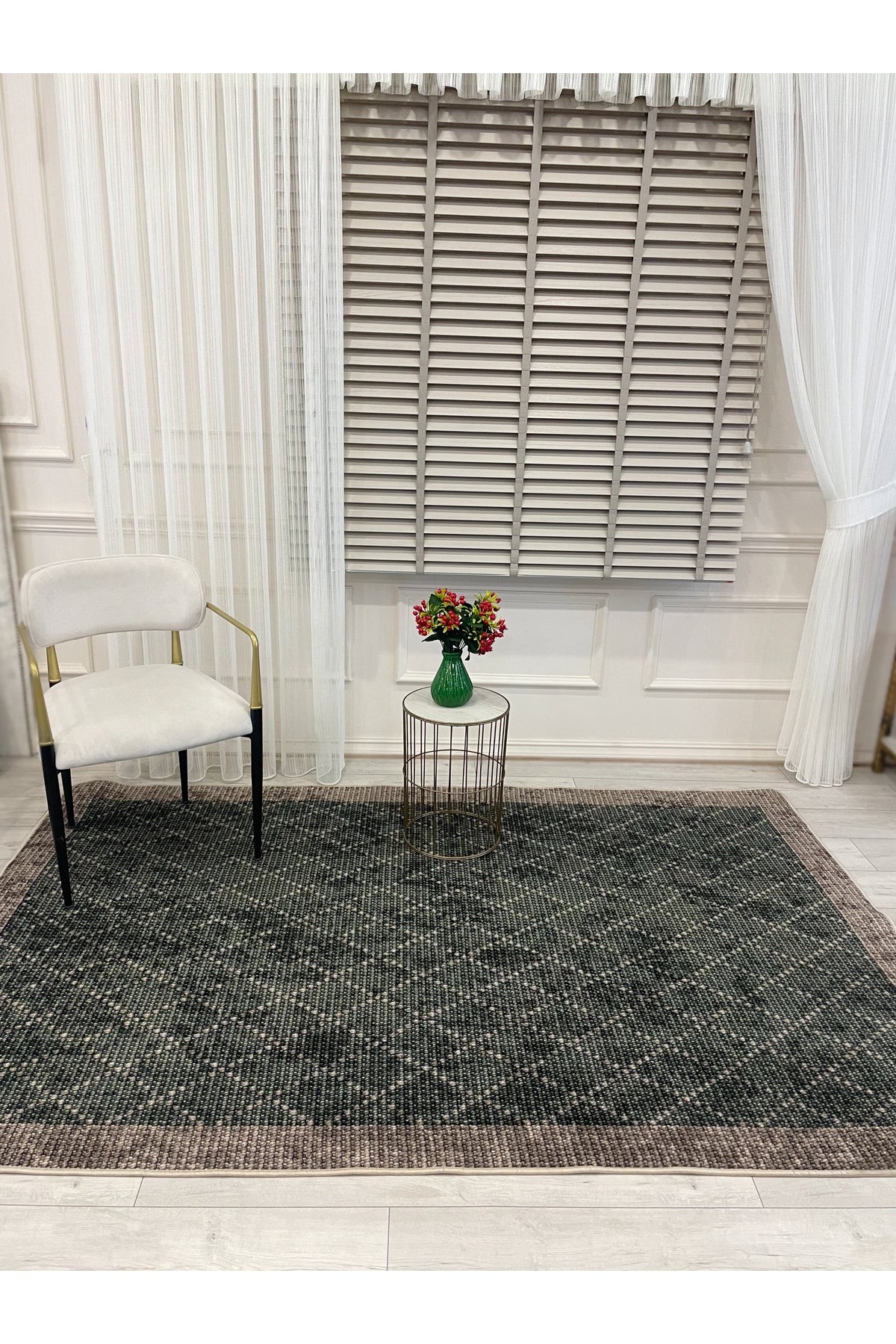 GREEN-BROWN Jute Sisal Look Bordered Non-Slip Base Runner Rug