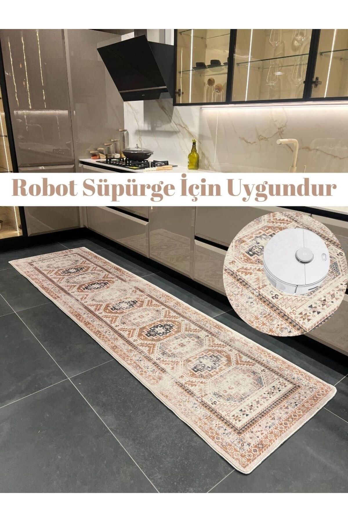 Eskitme Desenli Mutfak Halısı , Dokuma Taban Halı Kahverengi