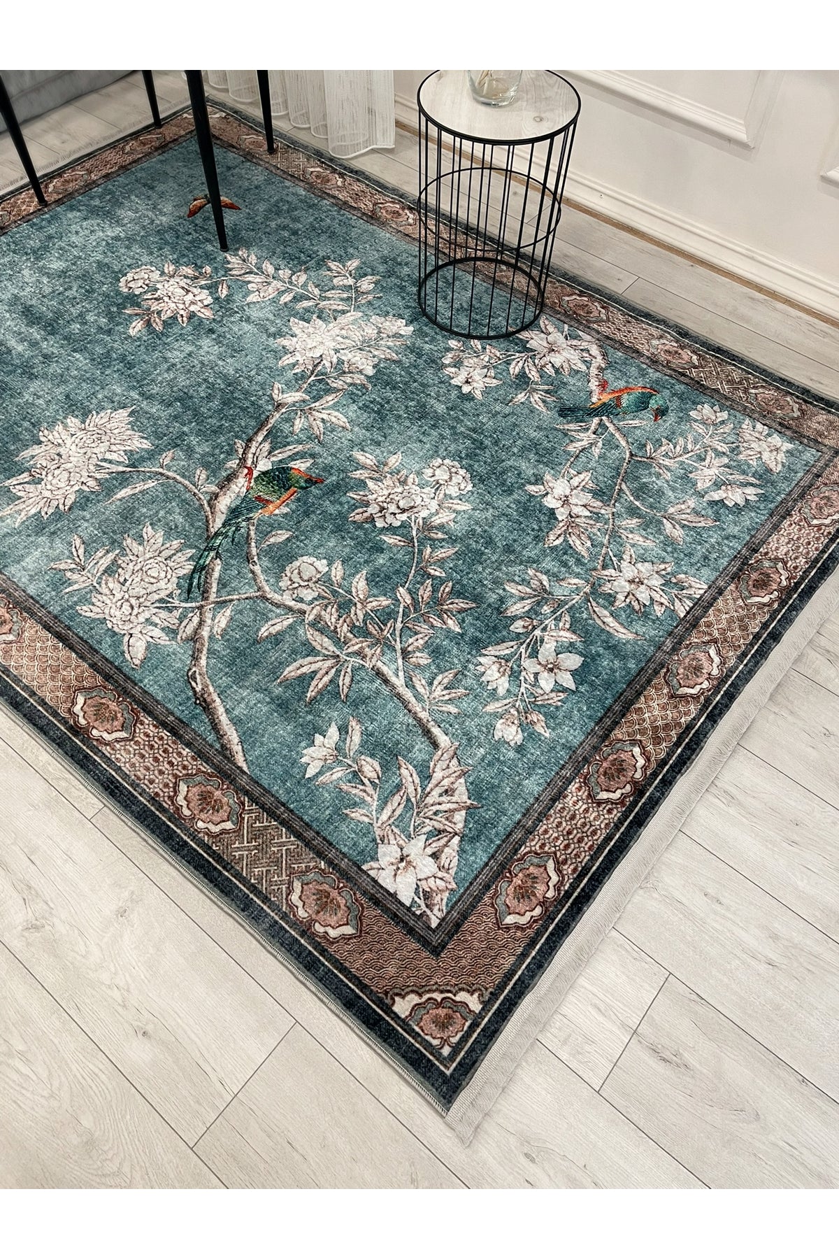 Soft Blue Bird Pattern Bordered Non-Slip Rug
