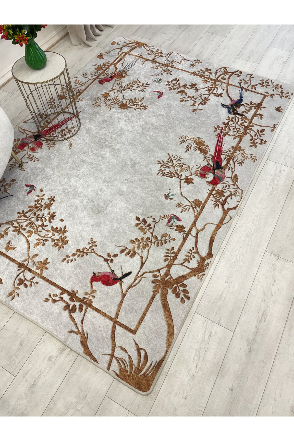 GRAY - Embroidery Look Bird Print Latex Base Runner Rug
