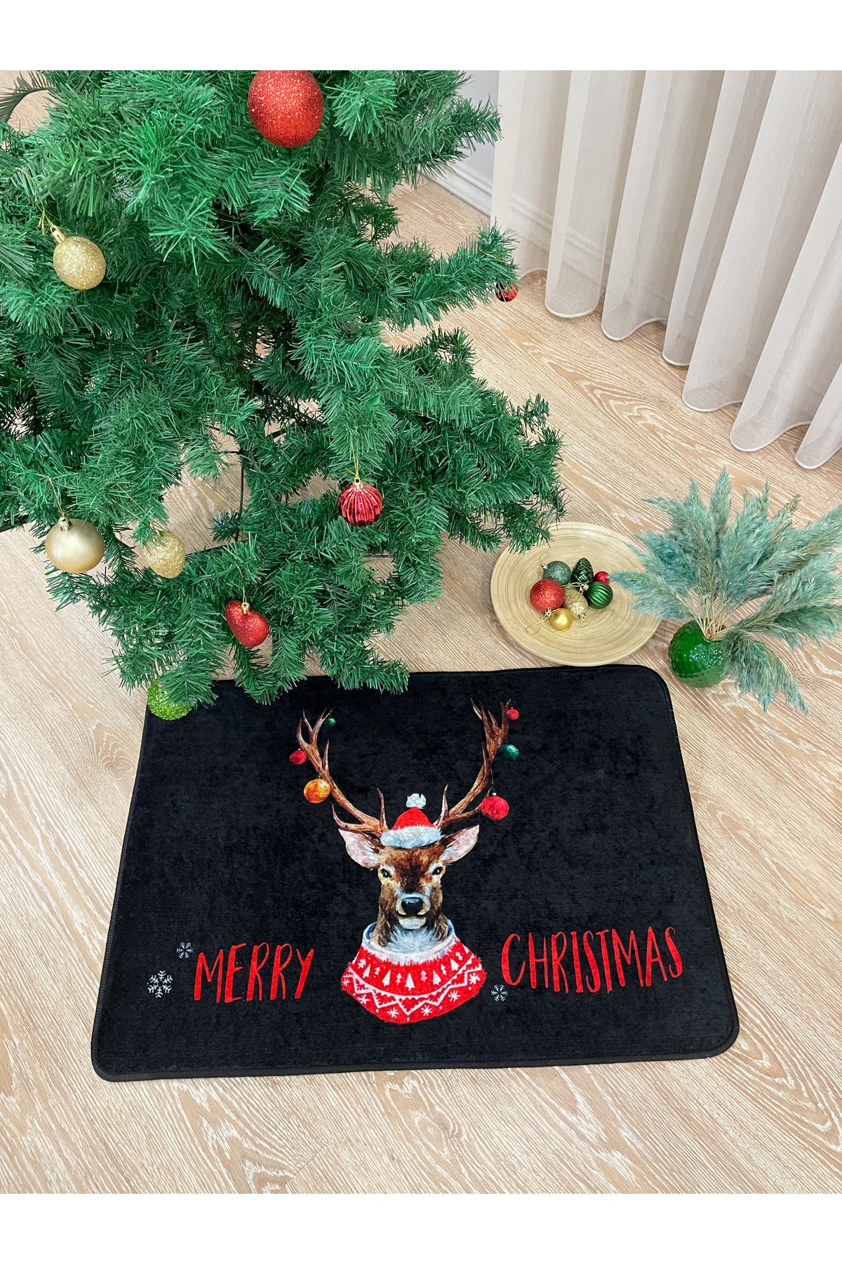 Christmas Yılbaşı Temalı Lateks Kaymaz Taban Kapı Önü Paspası Siyah (EBAT 60X90)