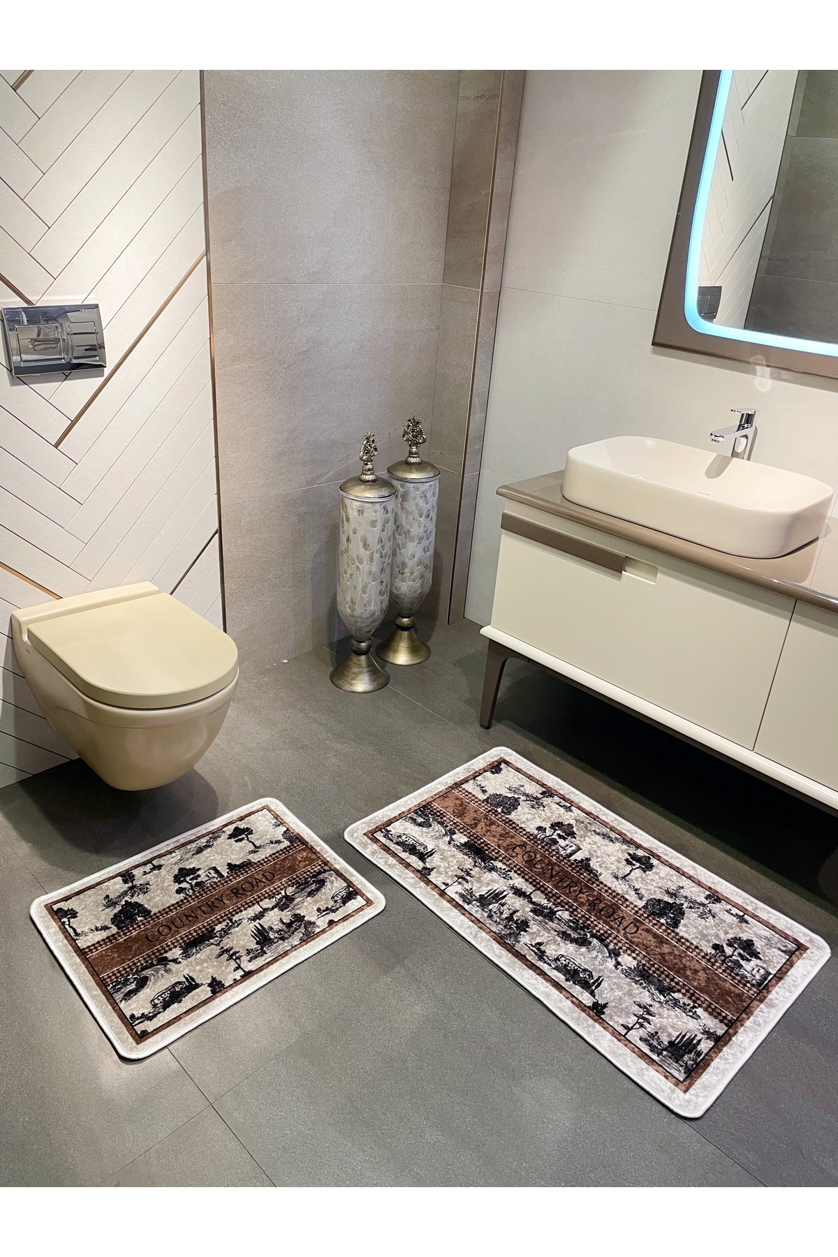 2 li Kahverengi 60x100 - 60x50 Country Desenli Lateks Taban Banyo Paspas