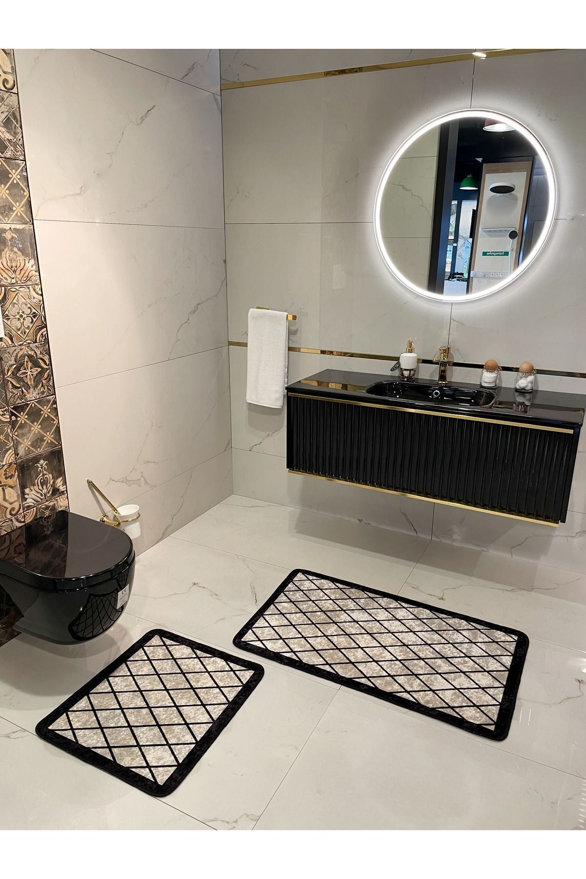 2 li Geometrik Desen 60x100 - 60x50 Lateks Taban Banyo Paspas - BEJ-SİYAH