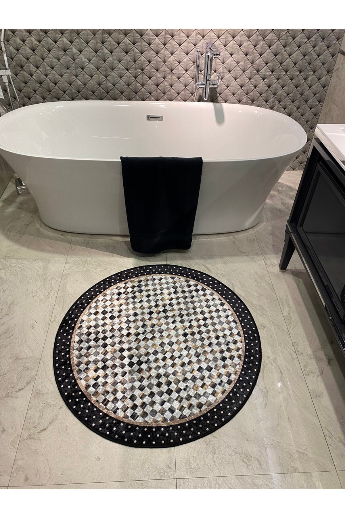 Robert Blue Diamond Pattern Fringeless Round Bathroom Mat - Blue Size 100x100