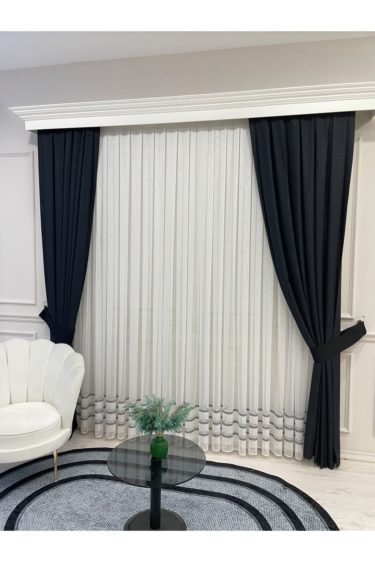 Modern Shantung Banded 1/3 Dense Pleat - Ecru/Gray Sheer Curtain