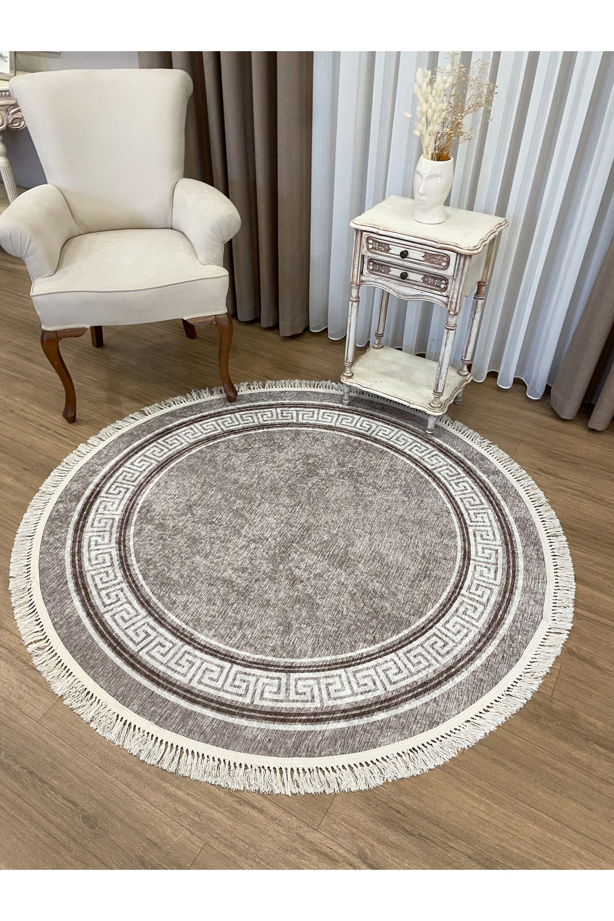 Brown Mink Bordered Latex Base Fringed Rug