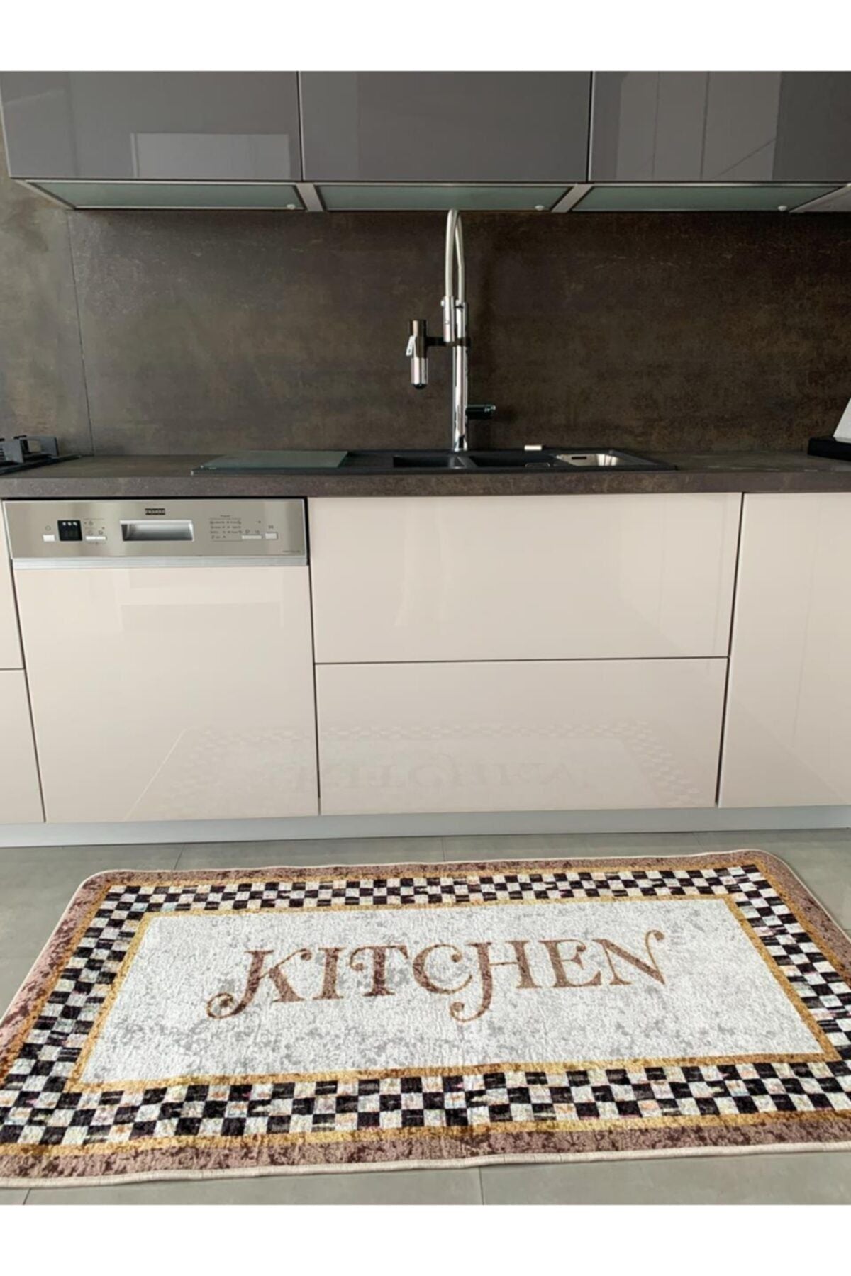 Kitchen Motifli Damalı Lateks Deri Tabanlı Leke Tutmaz Mutfak Halısı