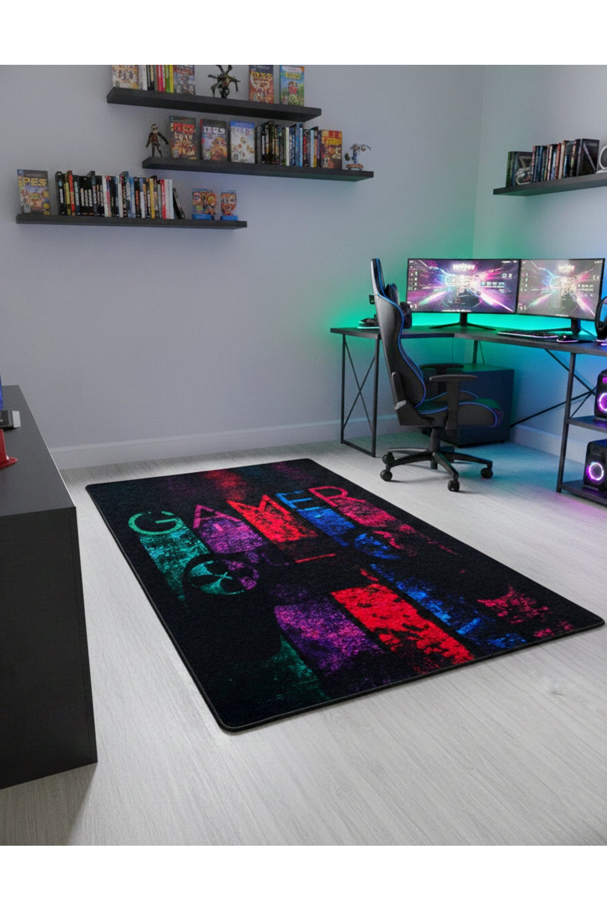 Gamer Gaming Black Youth Room Latex Leather Backing Rug