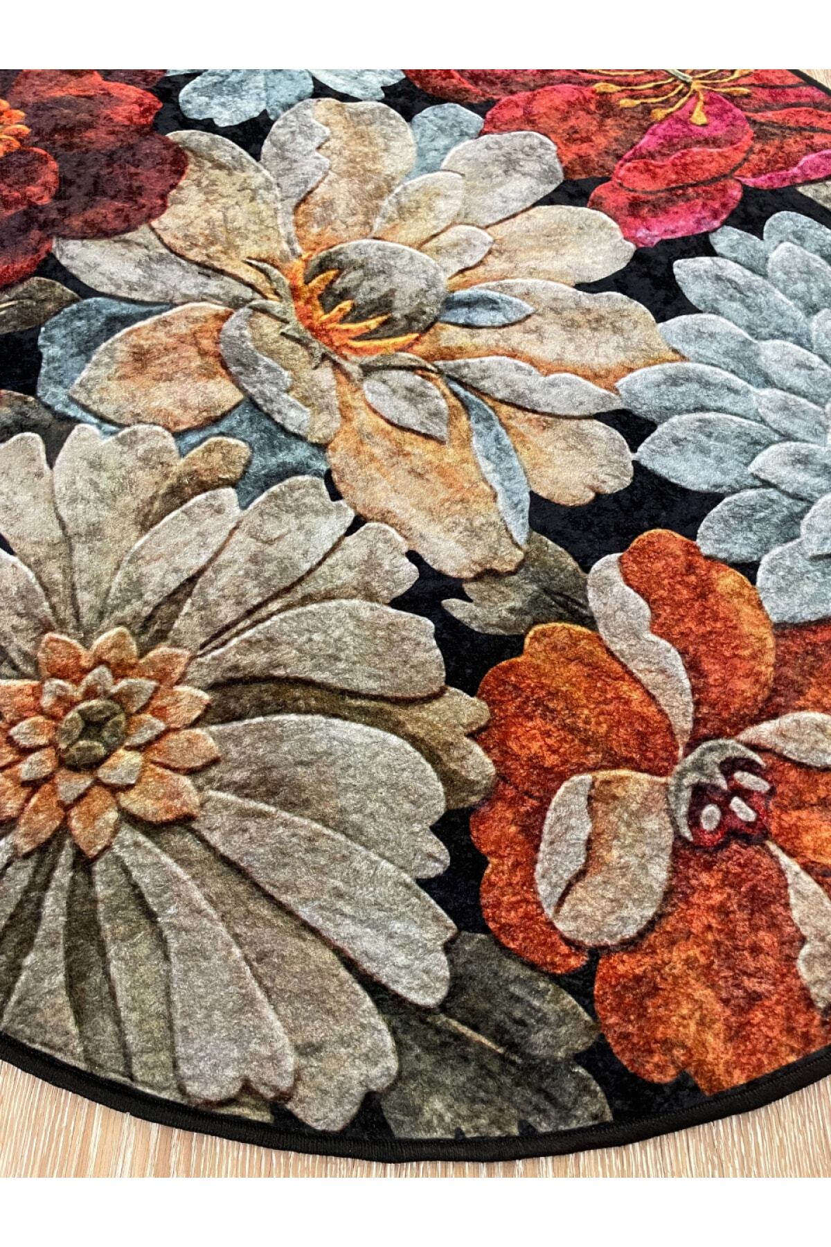 Floral Pattern Washable Decorative Round Rug - Gray