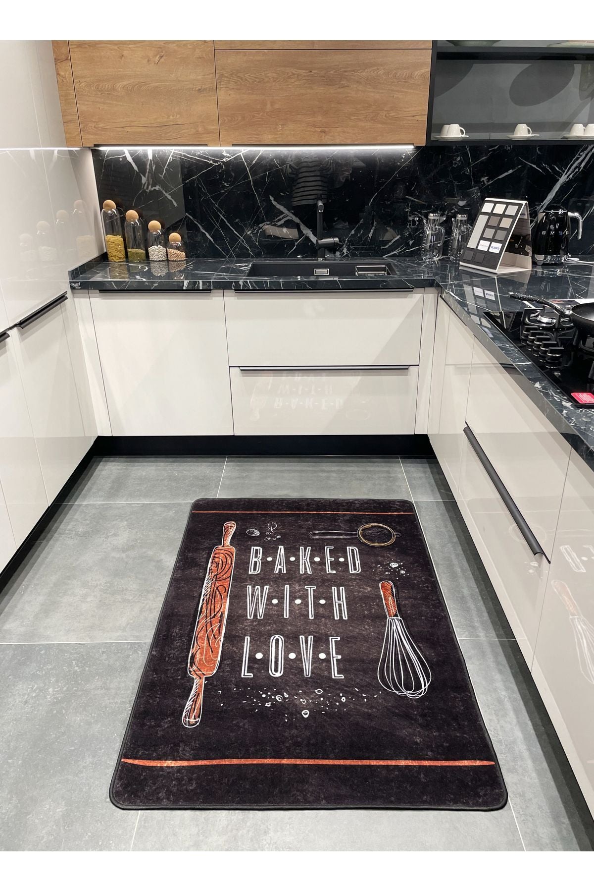 Baked With Love Slogan Kitchen Rug - BLACK
